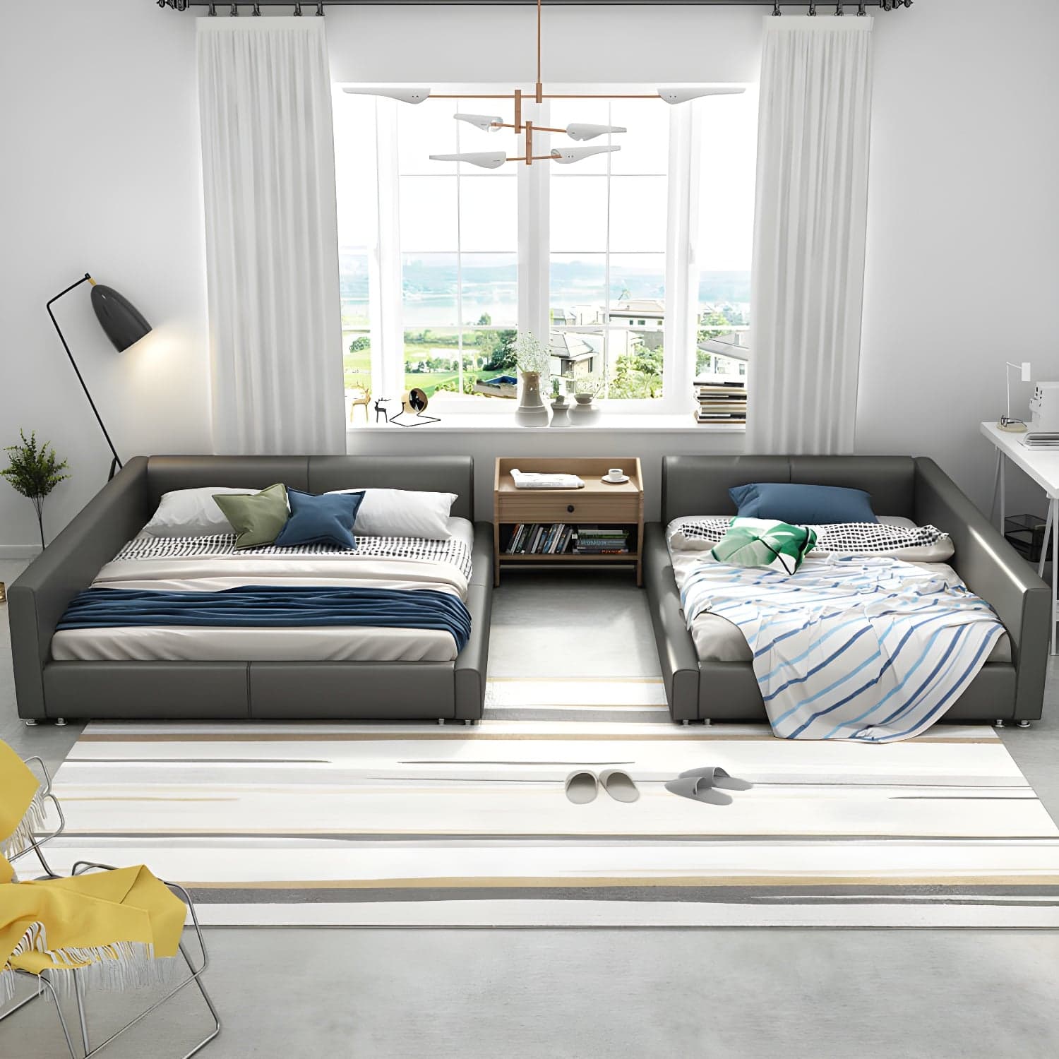 Contemporary Grey Genuine Leather and Wood Standard Bed for Bedroom