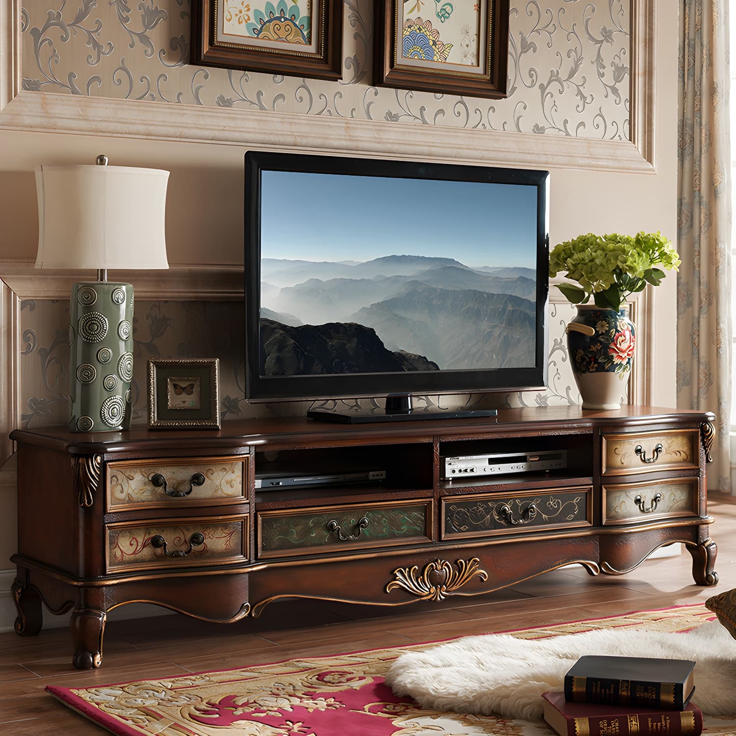 Vintage Birch Wood Media Console Matte Finish TV Media Stand with Drawers and Open Storage - image 8