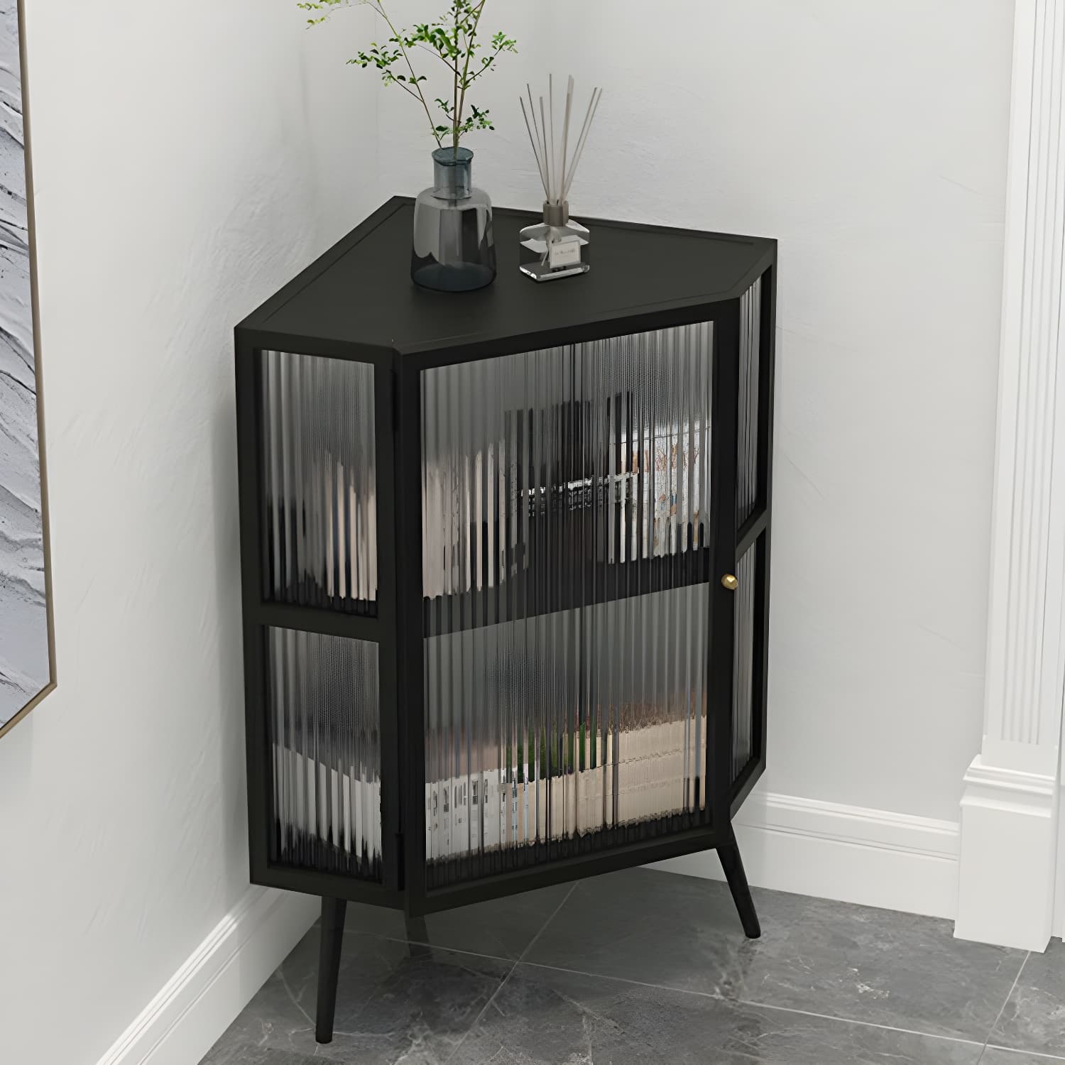 40cm Corner Modern Accent Cabinet with Glass Doors and Iron Base