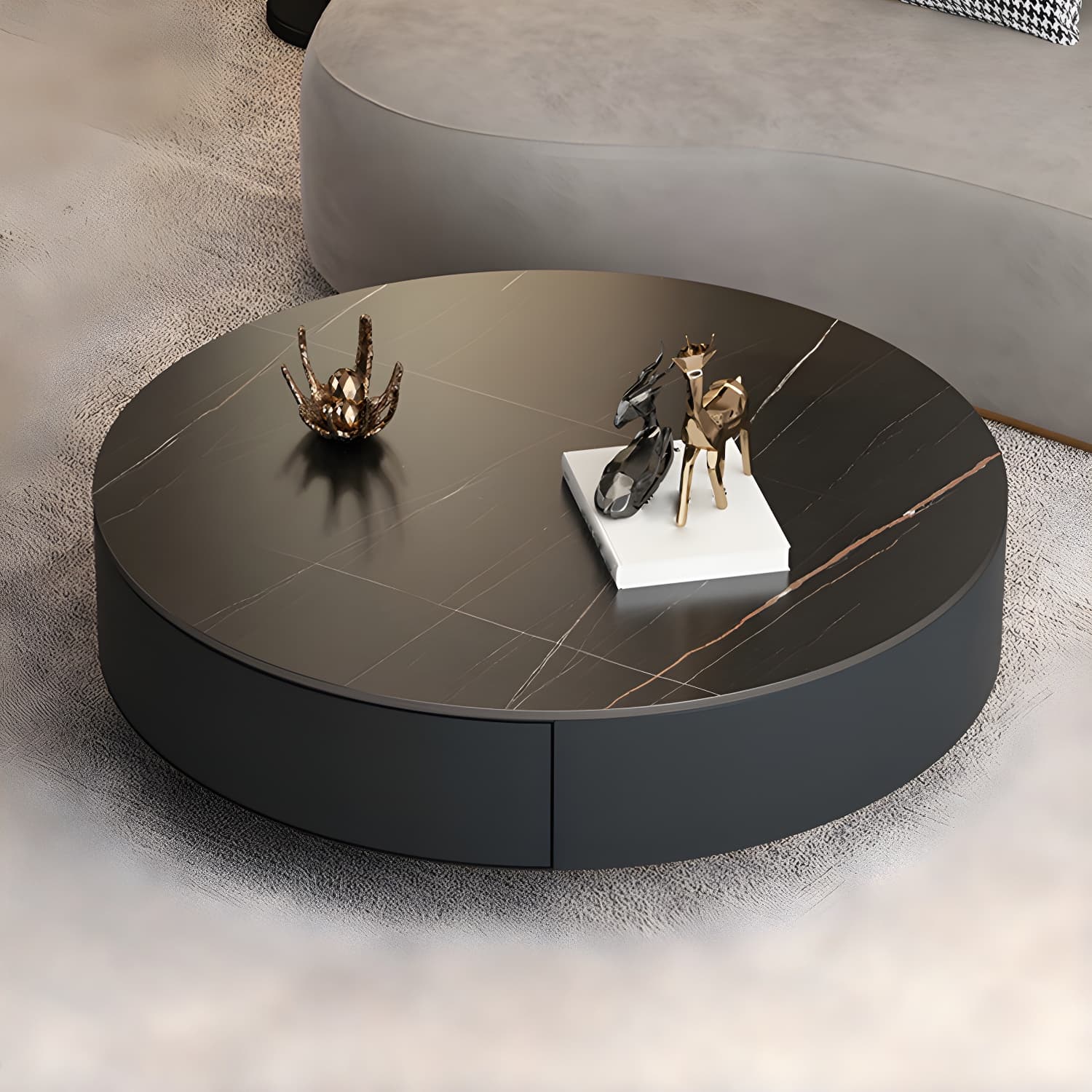 Elegant Gold Metal Drum Coffee Table with Stone Top and Storage Drawers - image 7