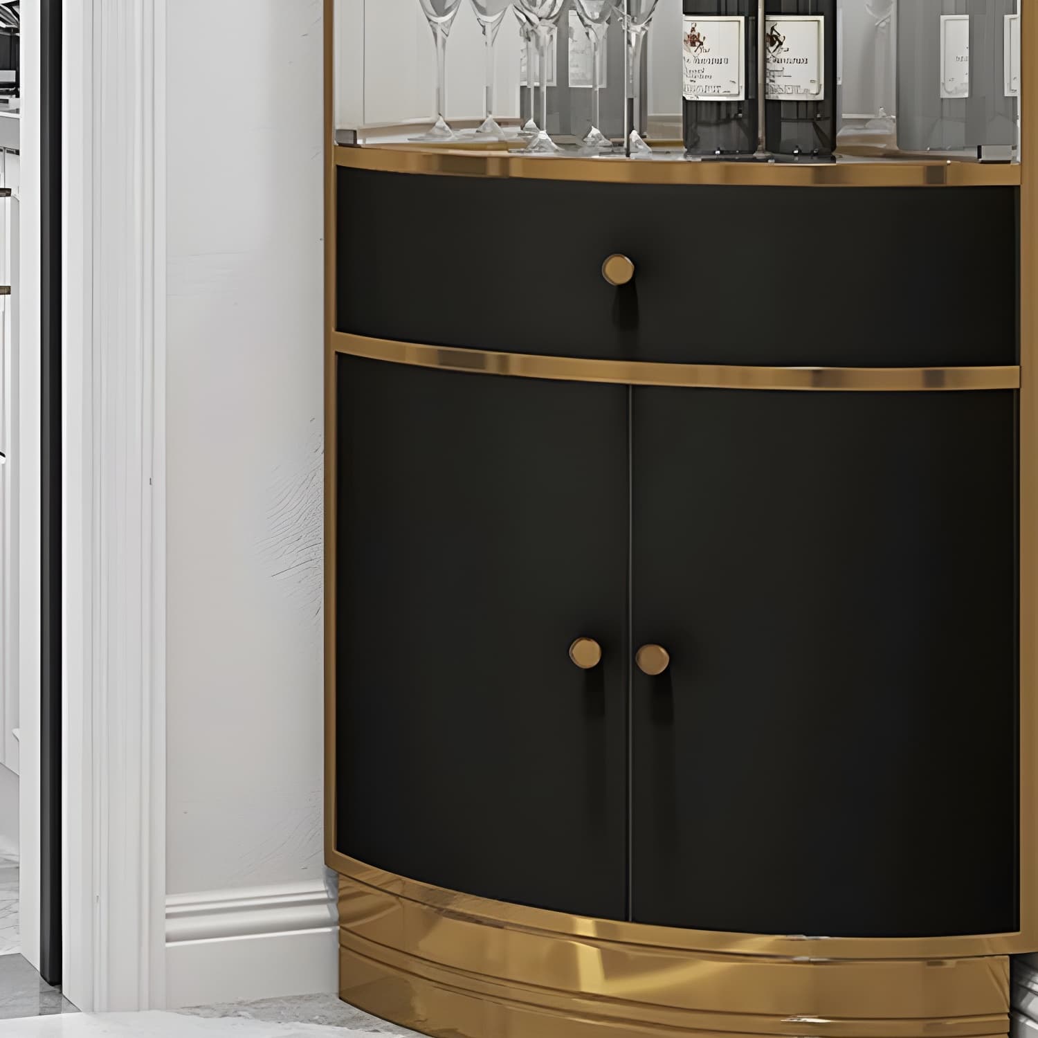 Corner Modern Accent Cabinet with Wood Counter Top, Glass Doors, and Metal Base - image 11
