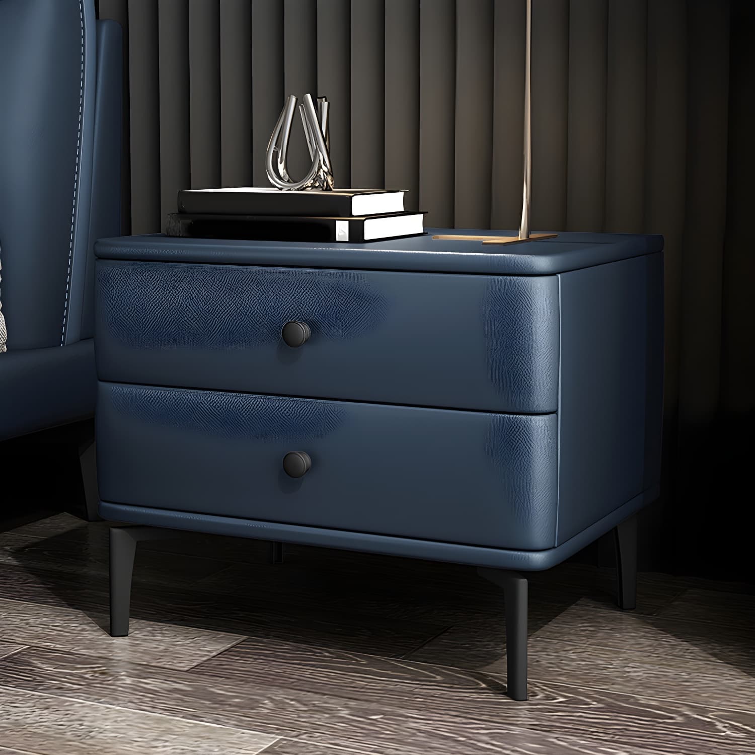Pine Frame Two Drawers Leather Multicolor Choice of Black Table Foot Nightstand - image 11