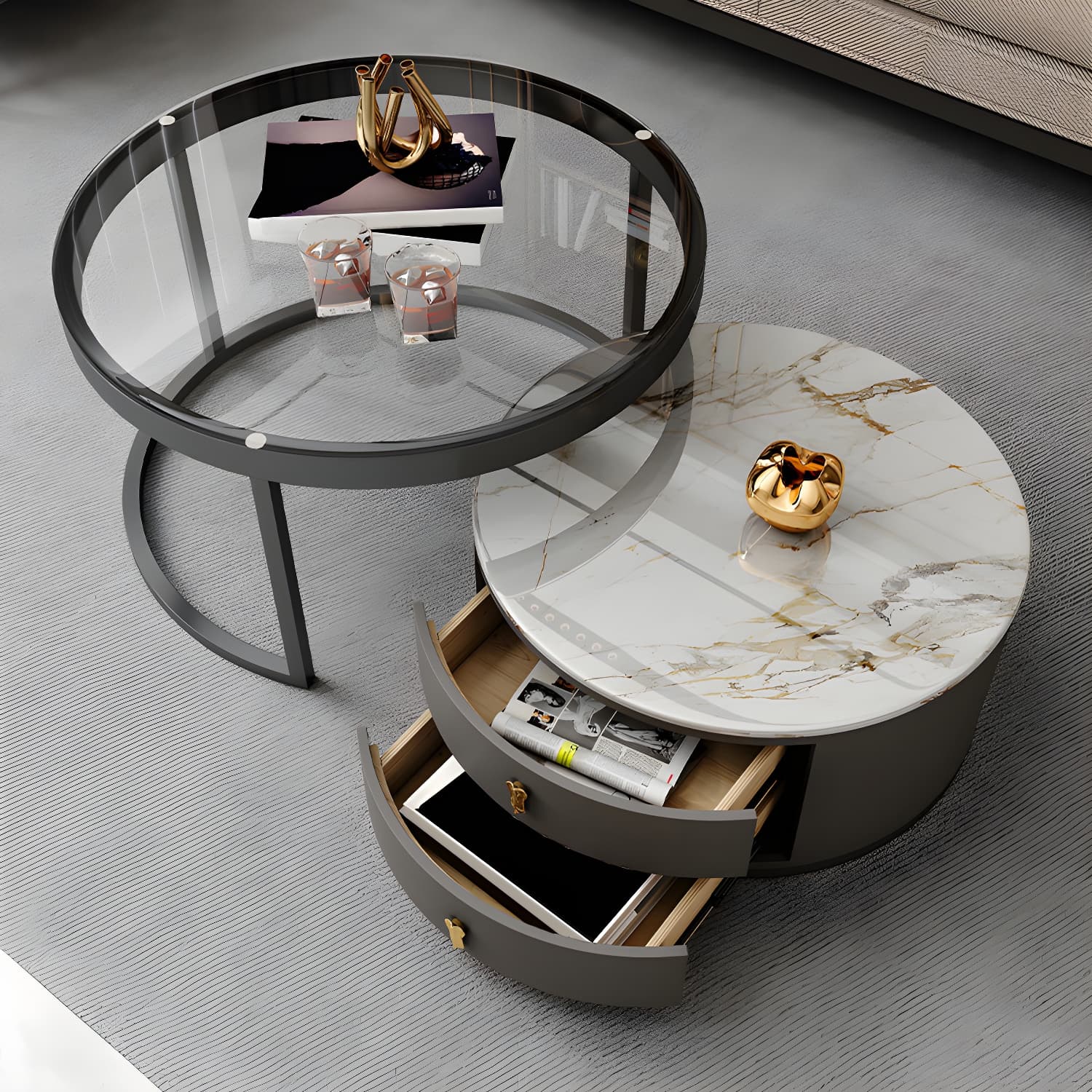 Modern Coffee Cocktail Table Round Nesting Coffee Table Set with Drawer - image 9