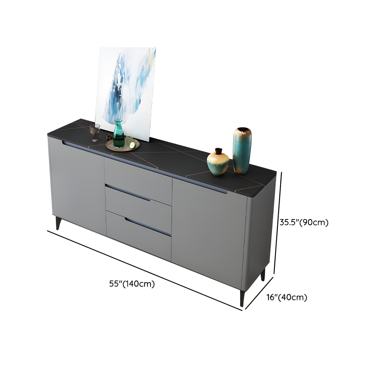 Modern Antique Finish Credenza 3 Drawer Sintered Stone Sideboard Cabinet - image 21