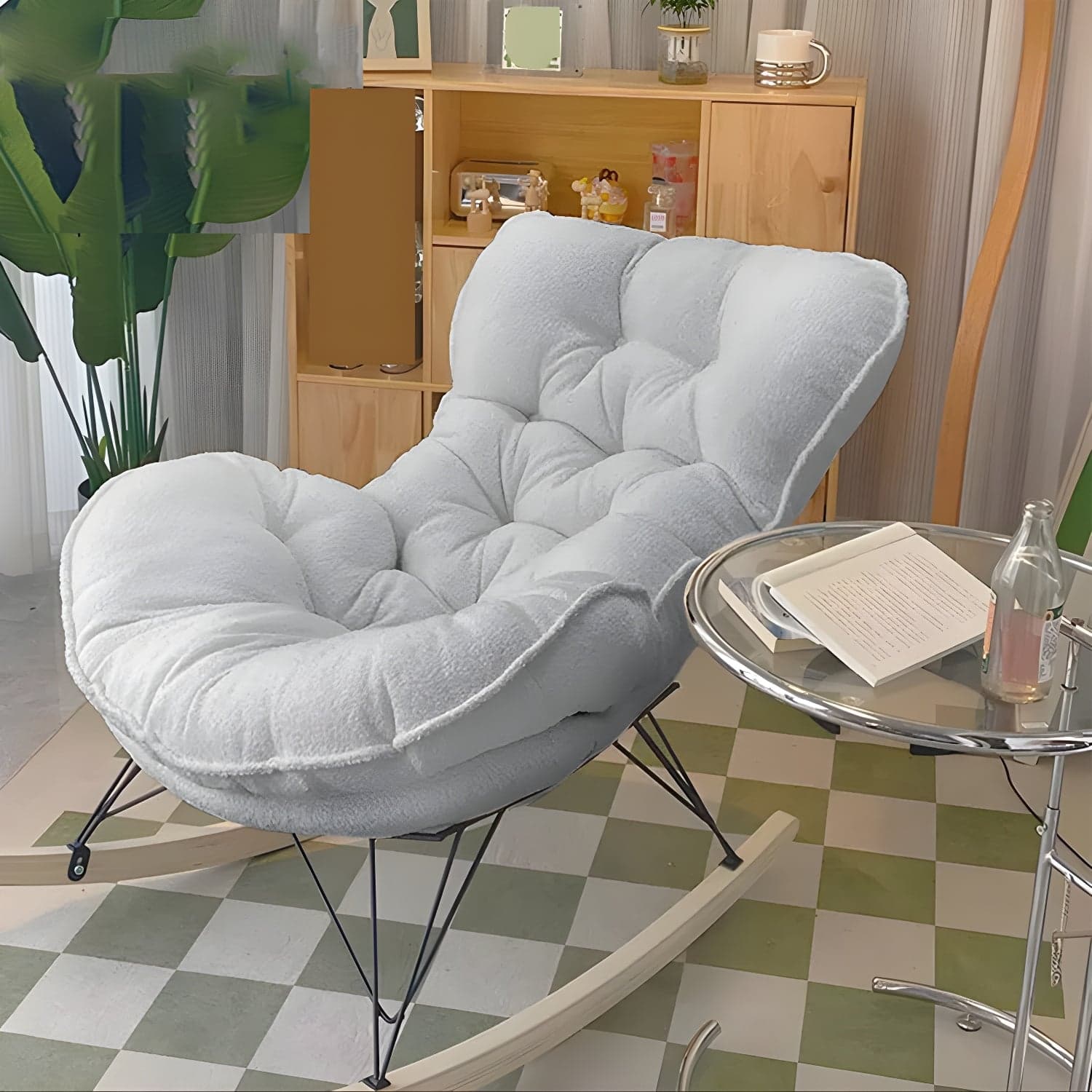 Modern Upholstered Rocking Chair with Tufted Seat - Natural Wood Legs and Armless Design - image 4