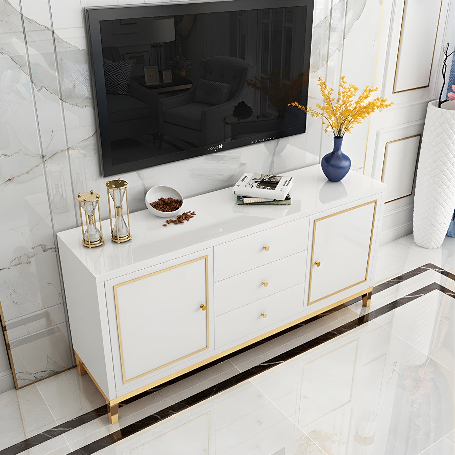 Enclosed Storage Media Console Glass TV Stand Console with Drawers - image 3