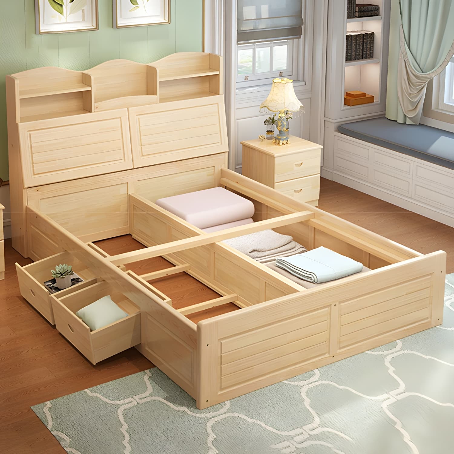 Solid Wood Bed Frame Headboard Standard Bed with Storage in Light Brone - image 10