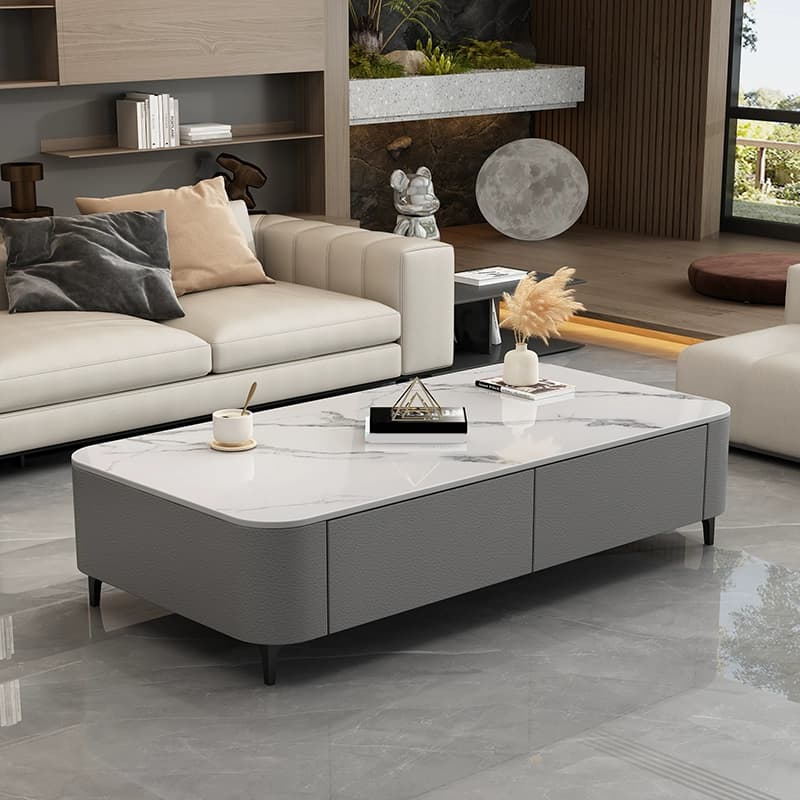 Four Leg Non-Upholstered Modern Metal Coffee Table with Storage and Drawers Standard Size