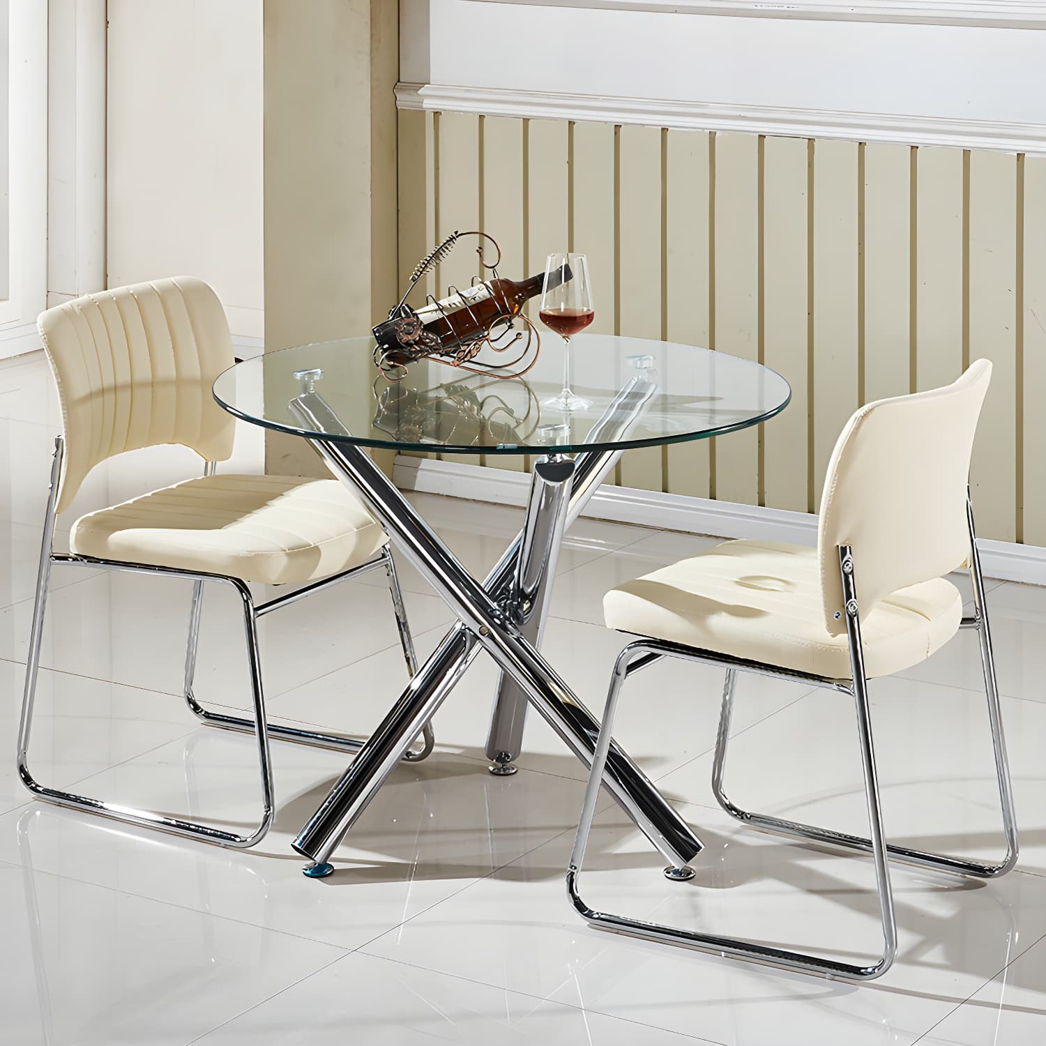 Modern Glass Round Dining Set with Three-Leg Metal Base - Clear, 36-inch Table