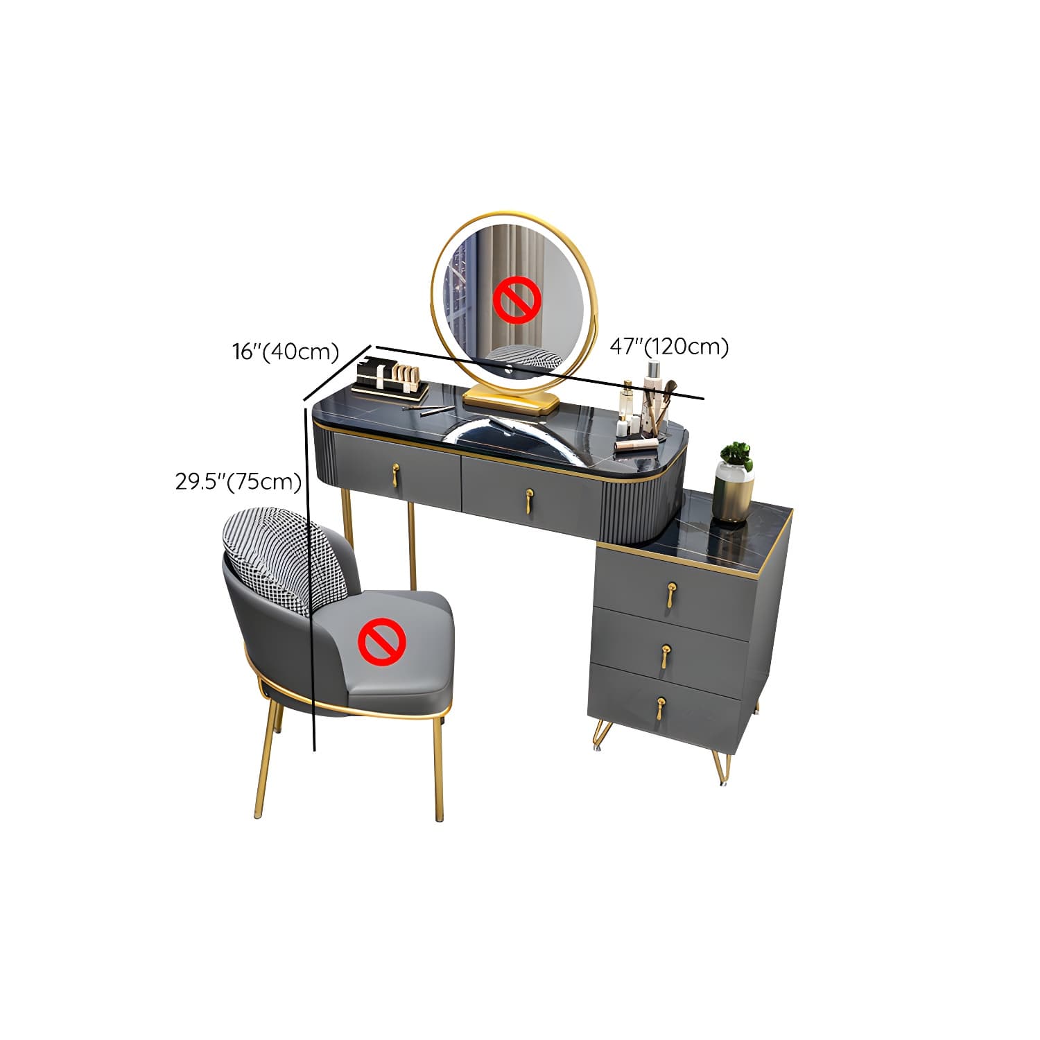 Gold Base Makeup Counter 15.74" Wide Vanity Tables with Storage Drawers - image 36