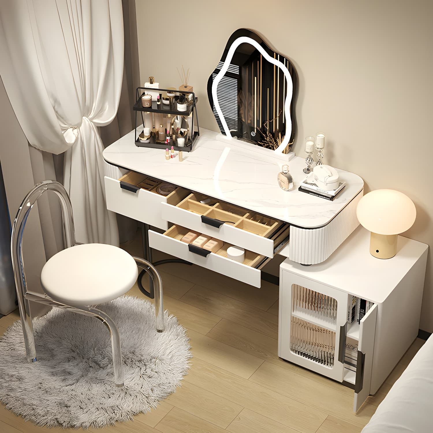 Contemporary Stone Top Vanity Table Set with Mirror and Stool Glam Slate Dressing Table - image 7