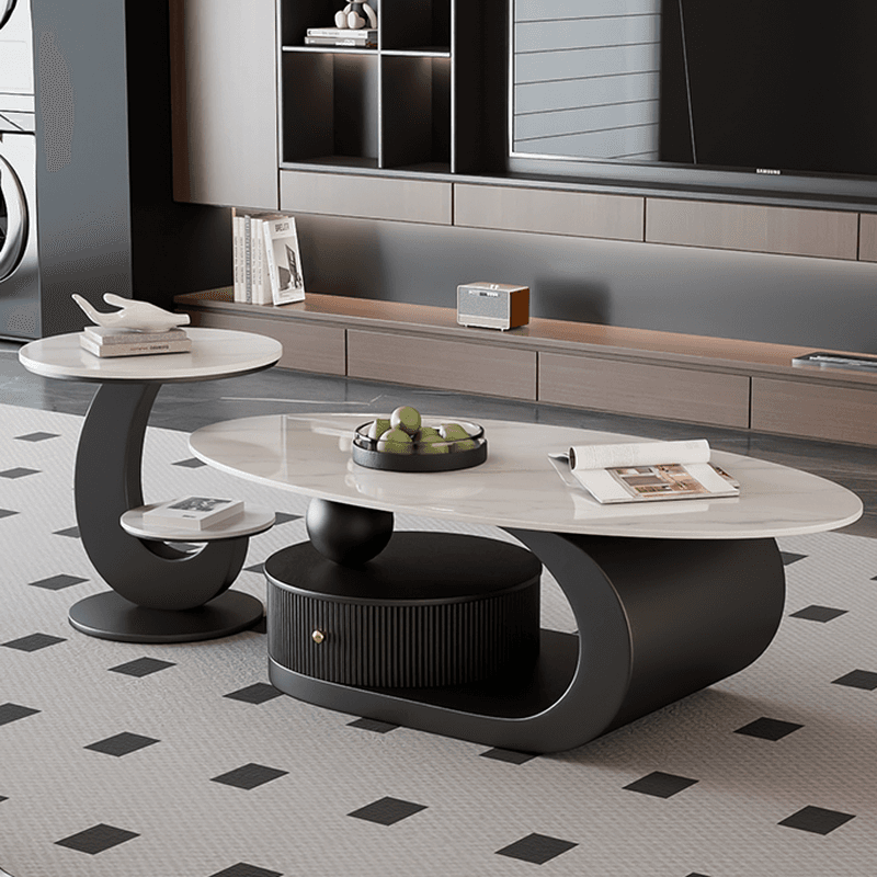 Modern Farmhouse Bunching/Single Coffee Table with Chalk Oval Slate Top, Plinth Base, and 1 Drawer - image 3