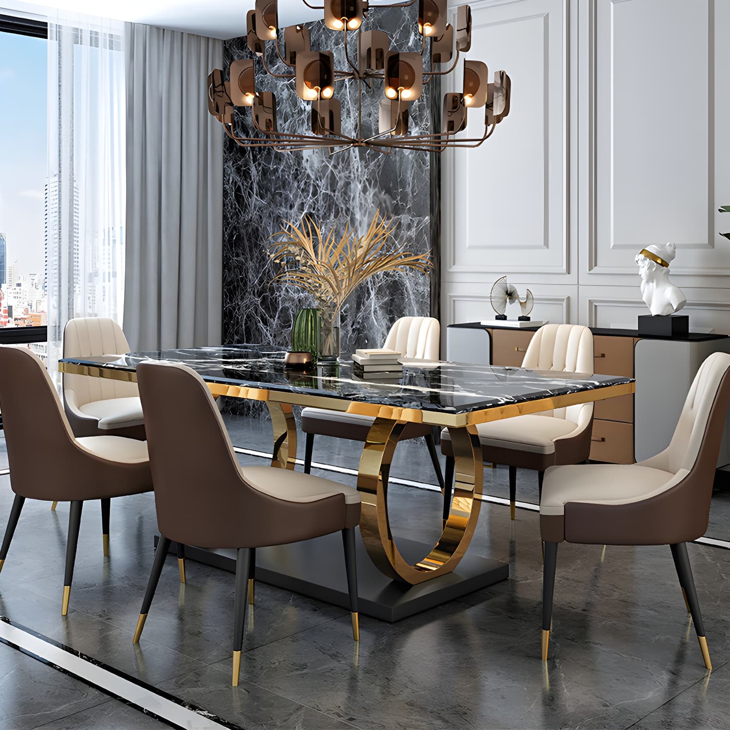 Modern 1/4/5/6/7 Pieces Black Dining Table Set with Marble Top Rectangle Dinette Set - image 8