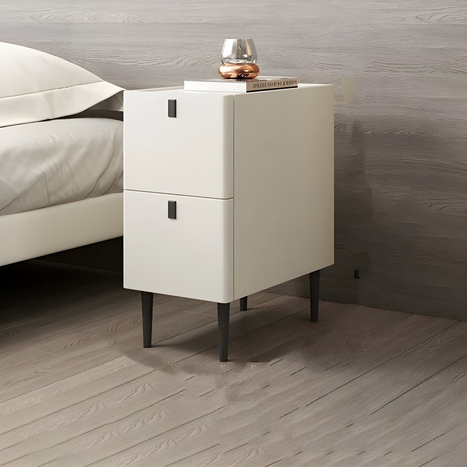 Modern Style Leather Polychromatic Choice of Black Cabinet Leg Nightstand