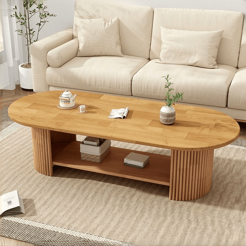 Oval Natural Wood Coffee Table with Twin Support Base, Repository, and 1 Shelf - image 8