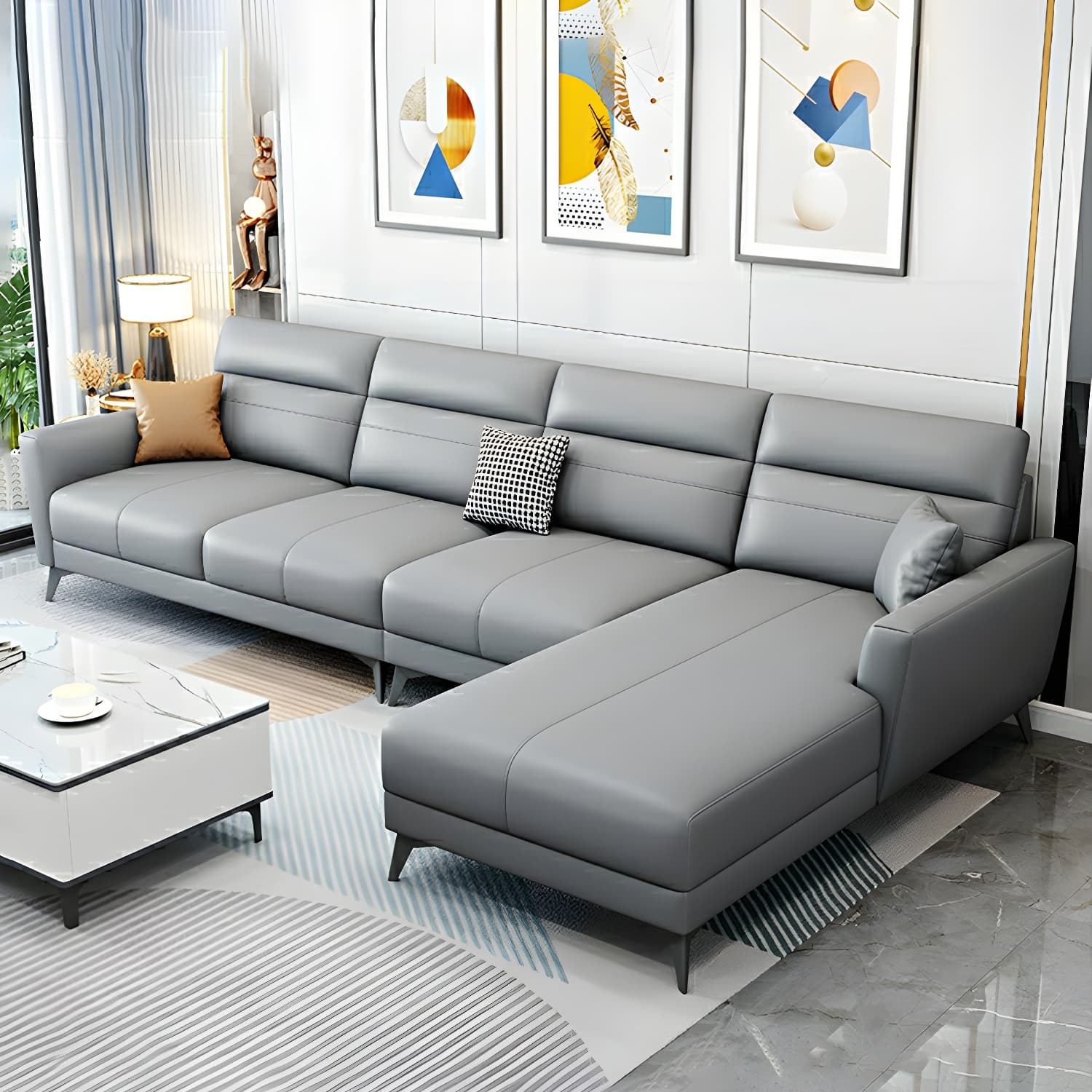 Modern L-Shape Stationary Sectional Sofa Chaise with Flared Arm Design - image 12