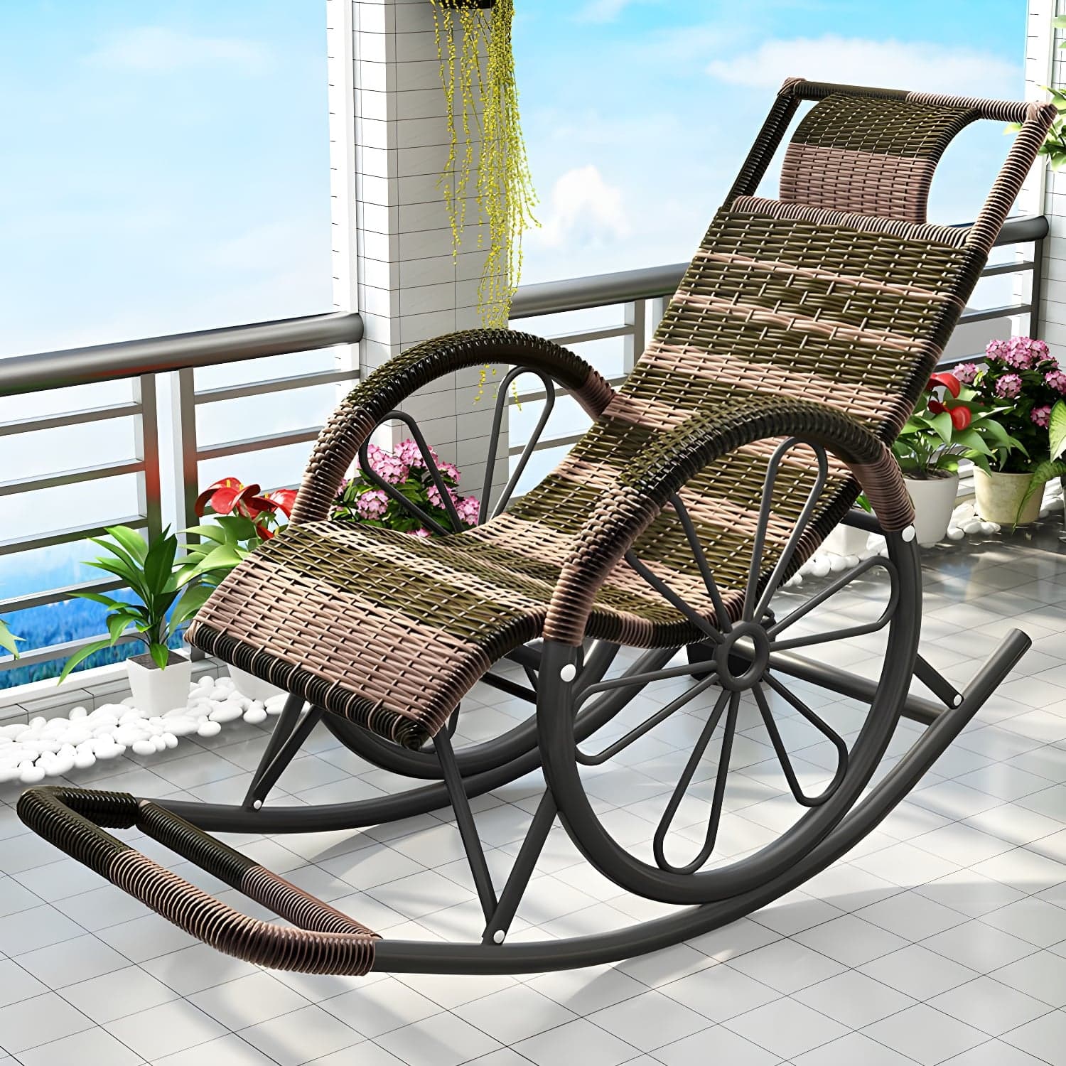 Modern Spindle Rattan Rocking Chair Metal Frame Wheel Handrail Design Rocker Chair - image 3