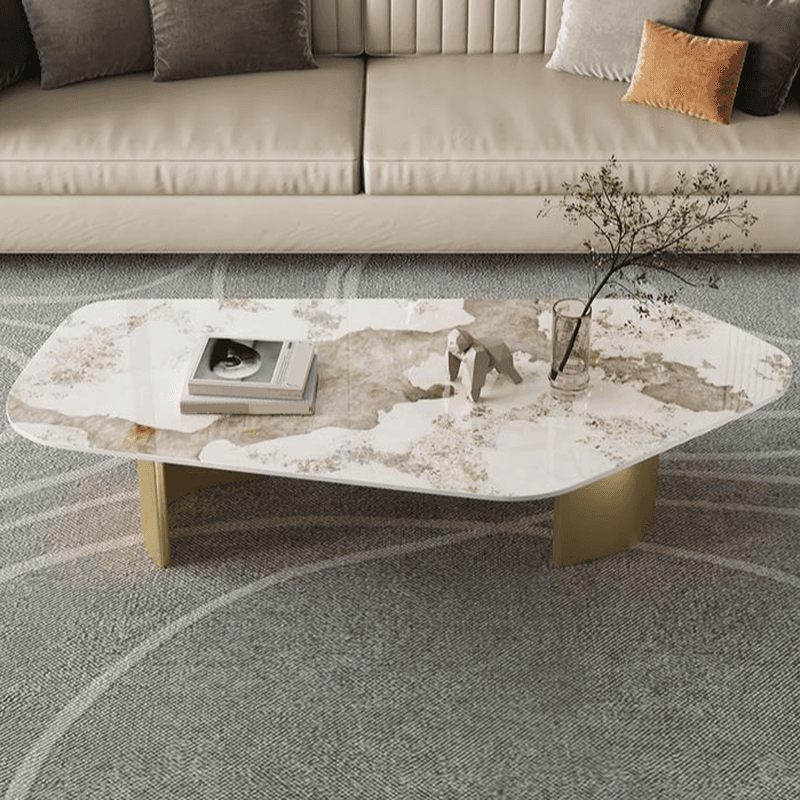 Modern Farmhouse Stone White Irregular Single Coffee Table with Twin Pedestal Base - image 7