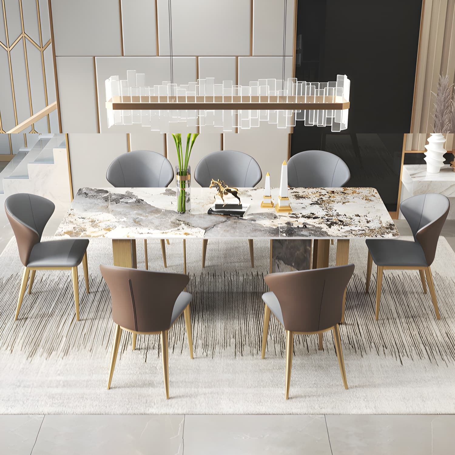 Luxury 1/2/3/5/6/7/8/9 Pieces Dining Set with Stone Dining Table and Chairs Dinette Set - image 4
