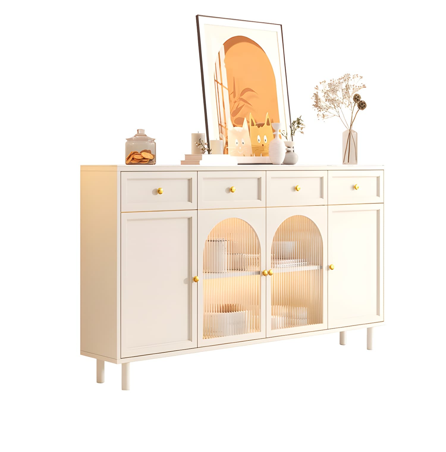 Wooden Buffet Server with Stone Countertop, Glass Doors, and Drawers - image 8
