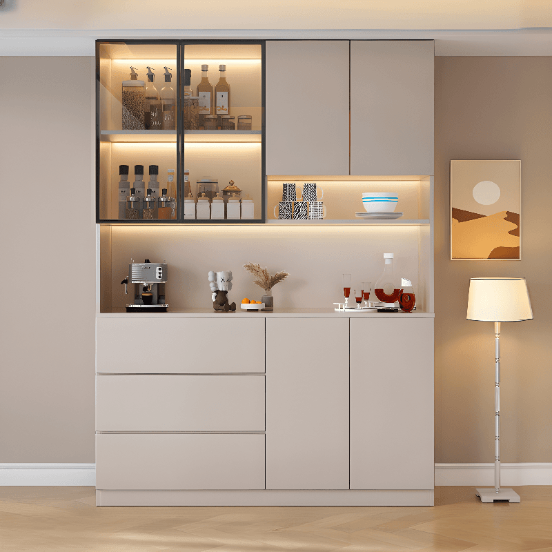 Modern Timber Countertop Server with Glazed Door Hutch, Narrow Size, Six Internal Shelves for Kitchen Cupboards - image 3