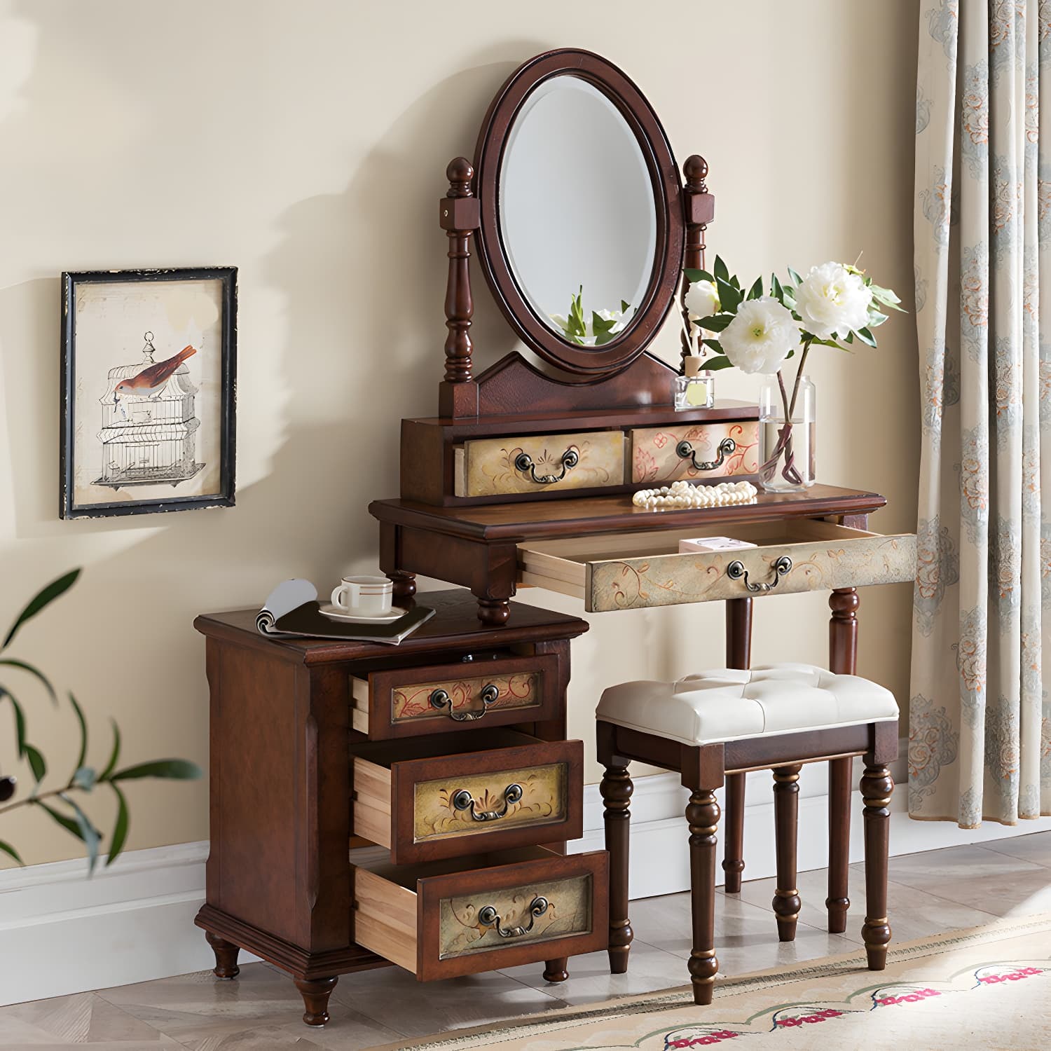 Victorian Vanity Set Solid Wood Drawers Included Makeup Dressing Table With Mirror & Stool - image 6