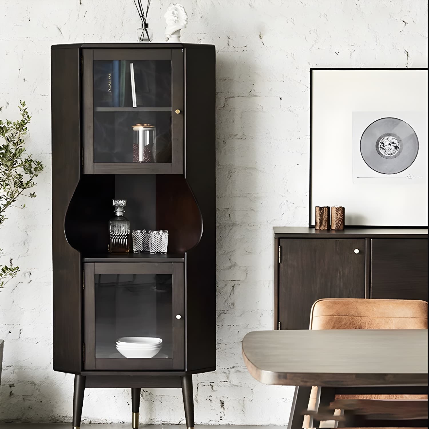 Corner Mid-Century Modern Accent Cabinet with Wood Countertop, Glass Doors, and 5 Shelves - image 4