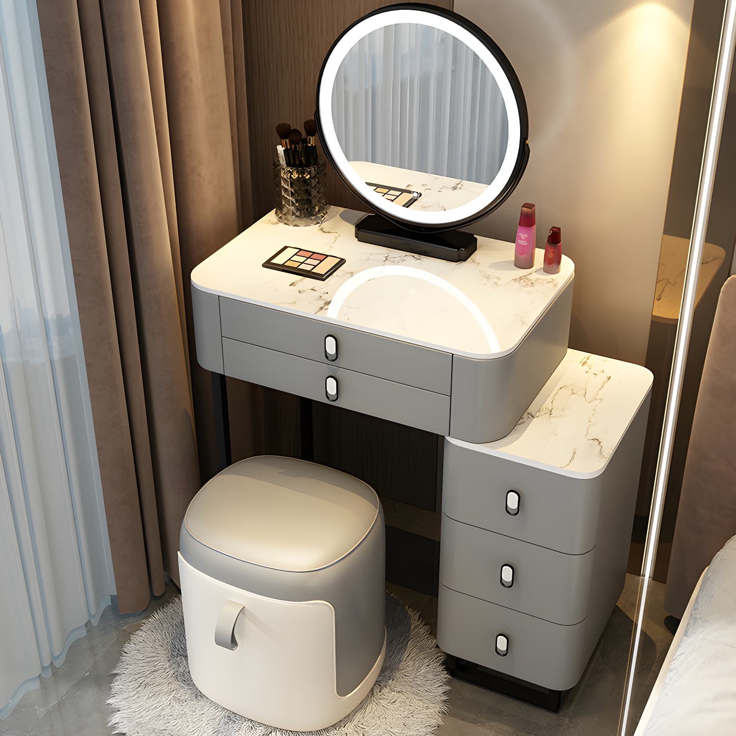 Stone Top Vanity with Storage Drawers Makeup Vanity Desk with Stool and Mirror - image 8