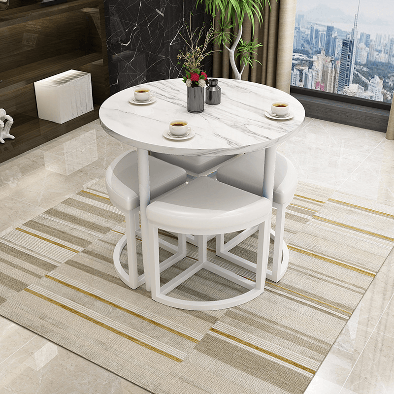 Reclaimed Wood Round Dining Table Set with Metal Toboggan Base and Upholstered Backless Chairs for 4 People - image 26