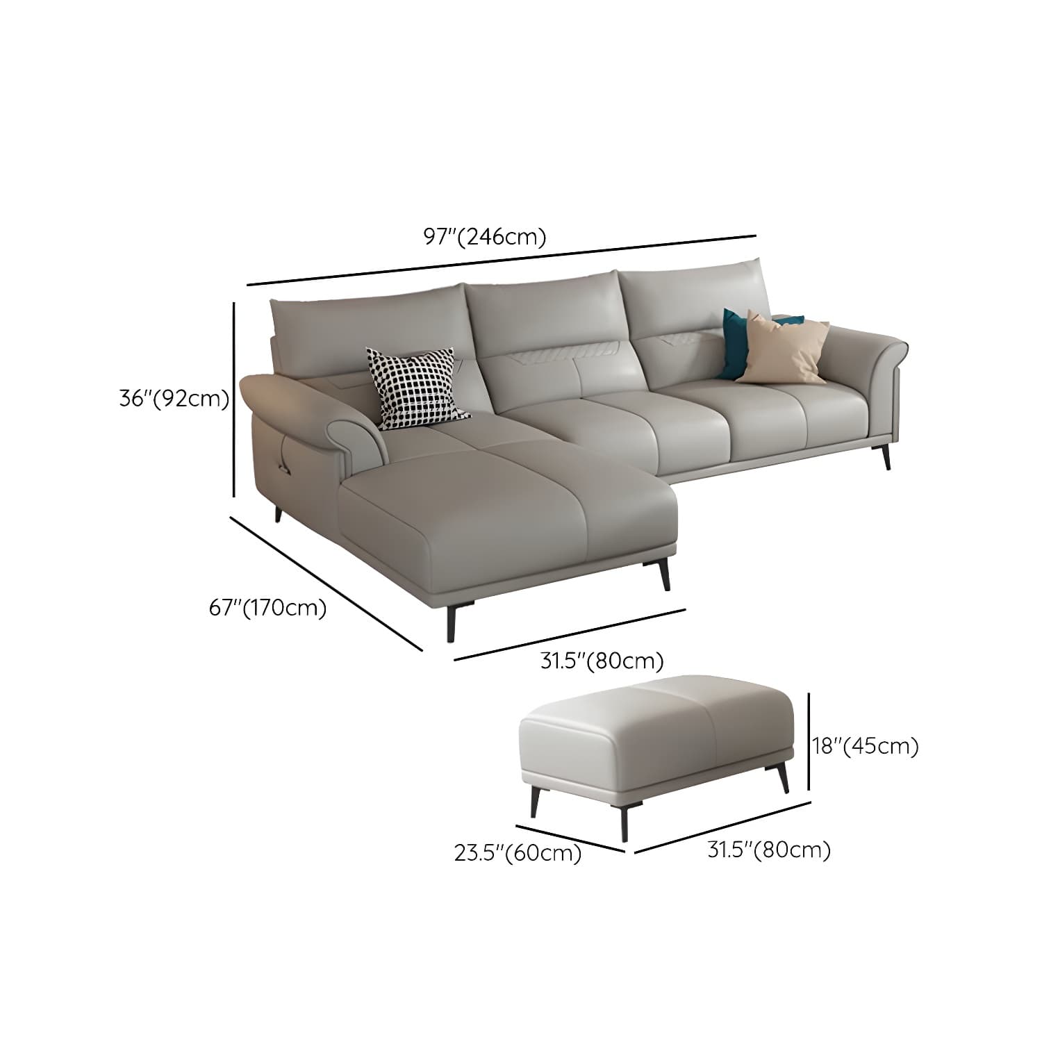 Modern Gray Genuine Leather Stationary Sectional Sofa with Flared Arms - image 17