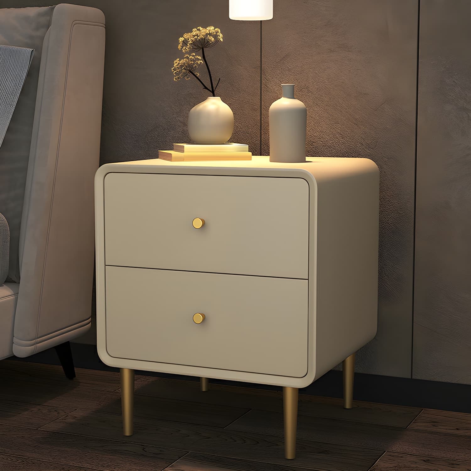 Glam Pine Wood Nightstand with Leather Countertop and 2 Drawers - Small Size