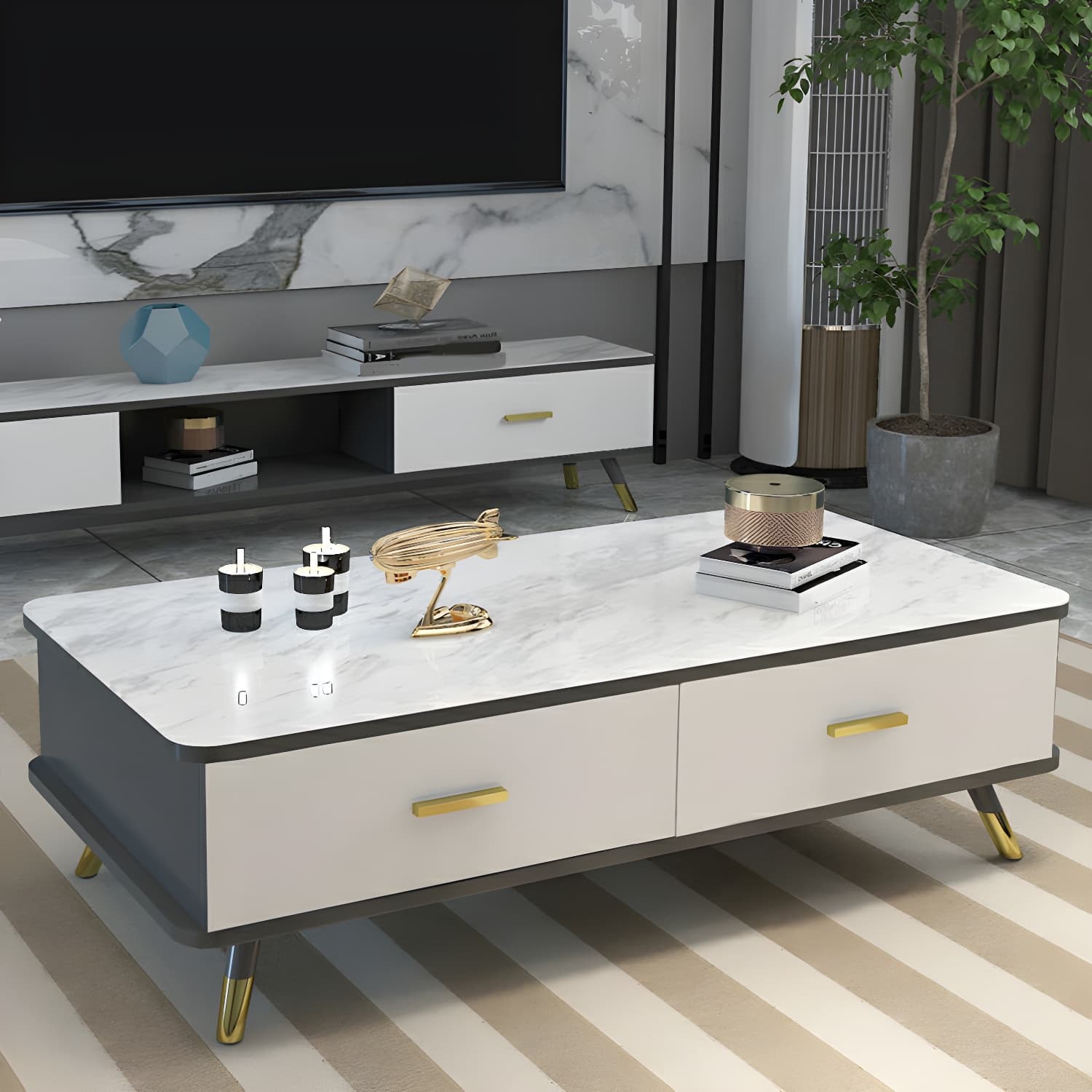Glam Hollywood Regency Gold Metal Coffee Table with Storage Drawers - image 10
