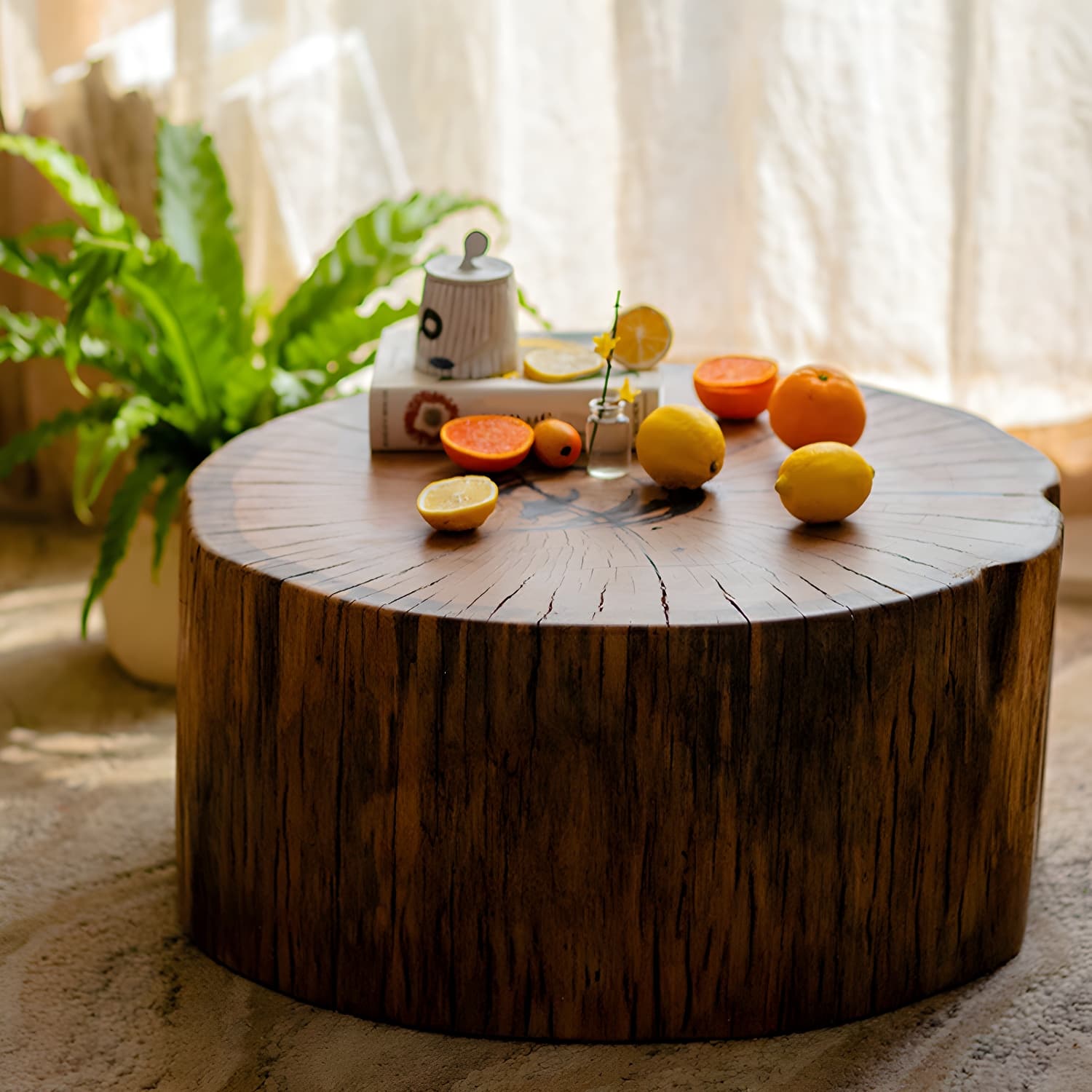 Round Wood Mid-Century Modern Coffee Table with Drum Base and Distressed Finish - image 5