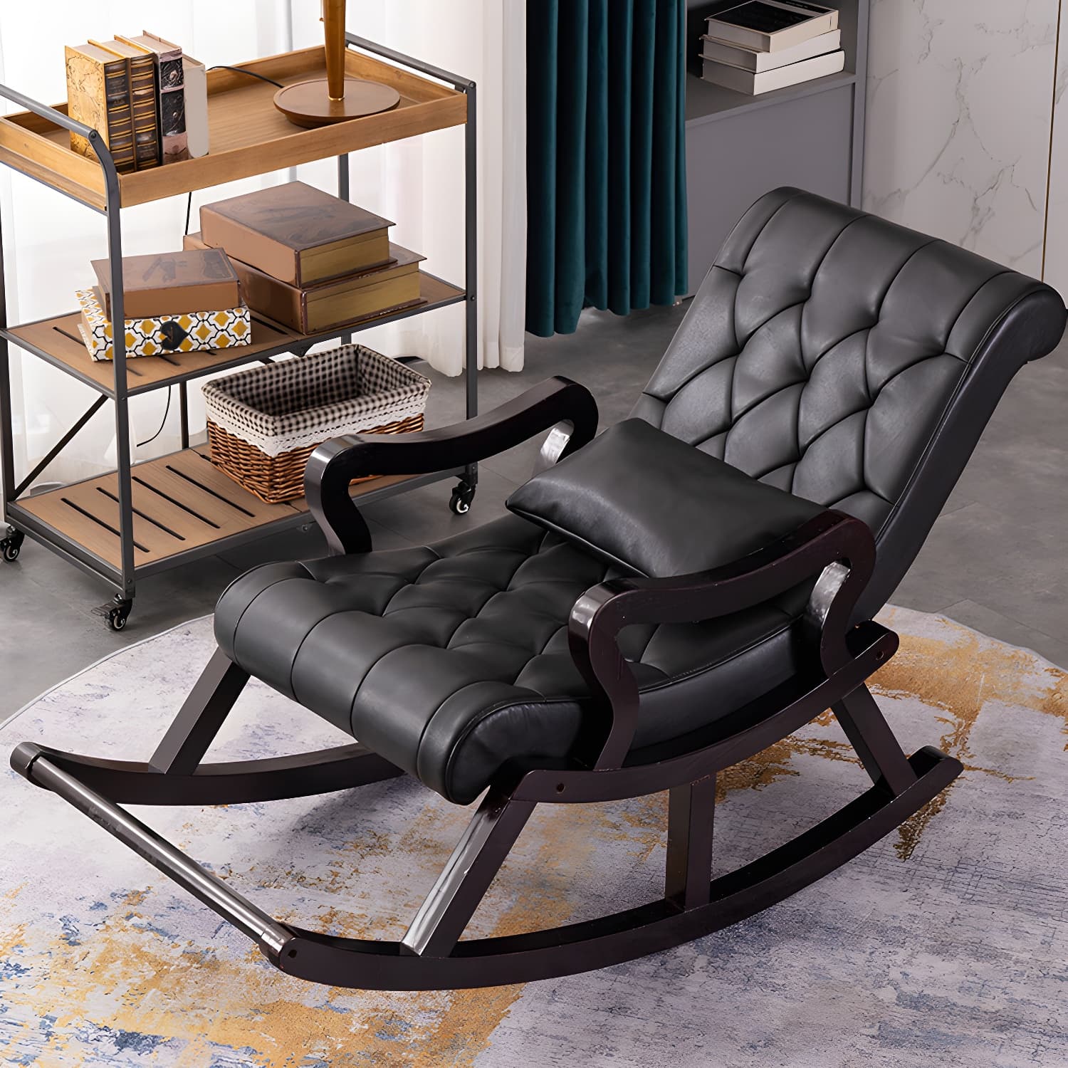 49" Wide Tufted Cushions Solid Wood Leather Rocking Accent Chair