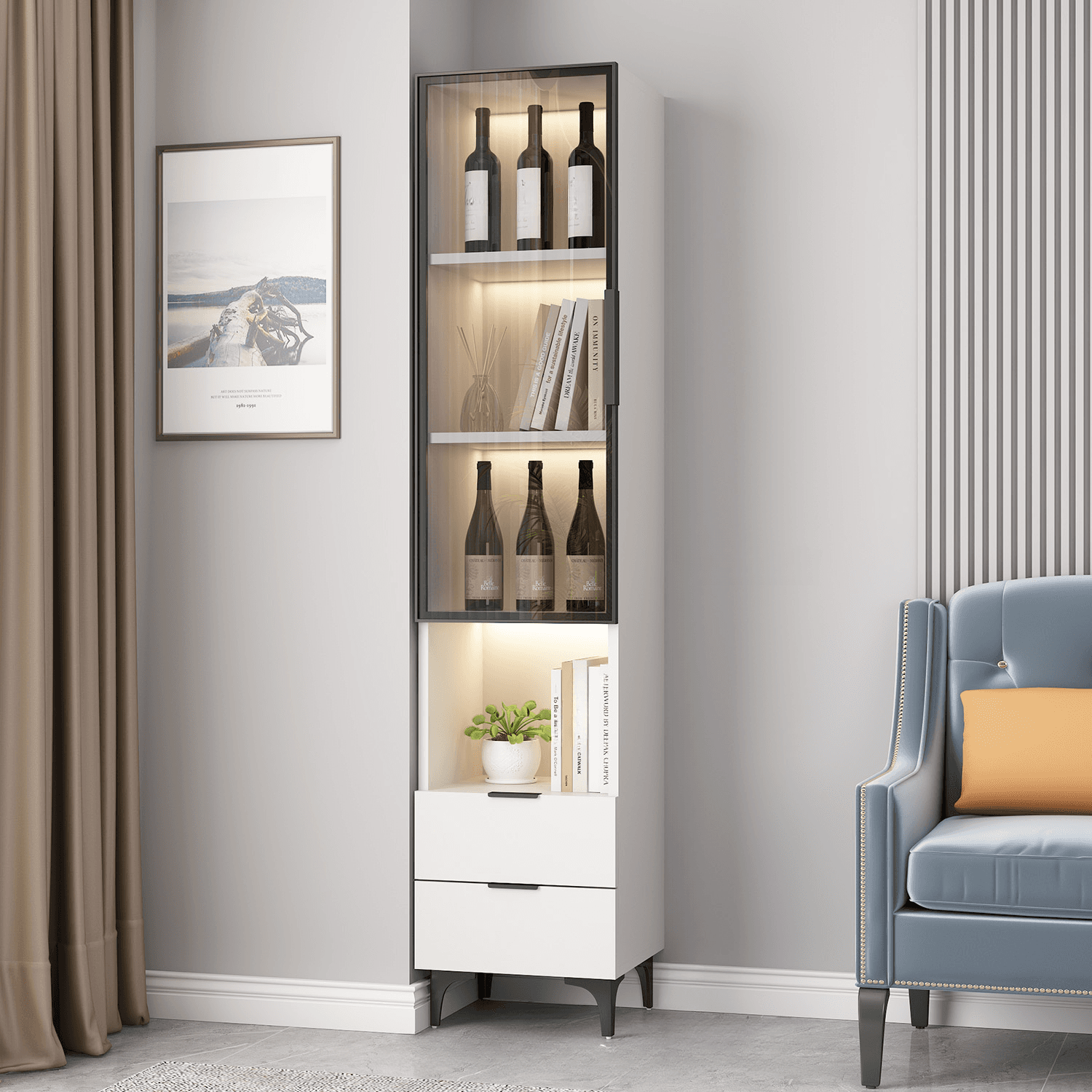 Rectangle Utility Cabinet with Locker, Glass Door, Pull Bars, White/Espresso/Off White Top, Soft Close Drawer, and Light - image 3