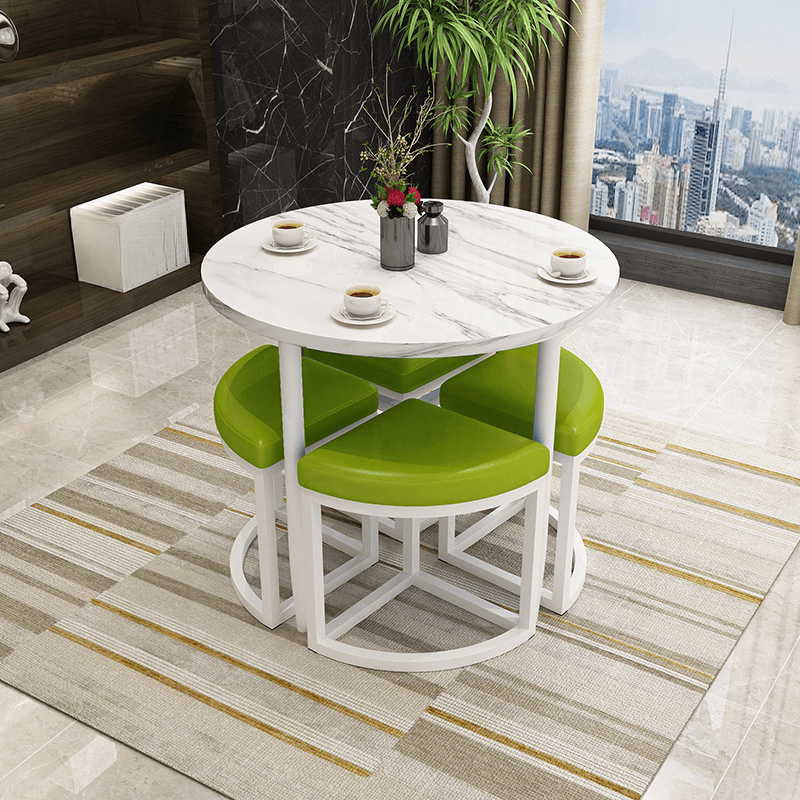 Reclaimed Wood Round Dining Table Set with Metal Toboggan Base and Upholstered Backless Chairs for 4 People - image 34