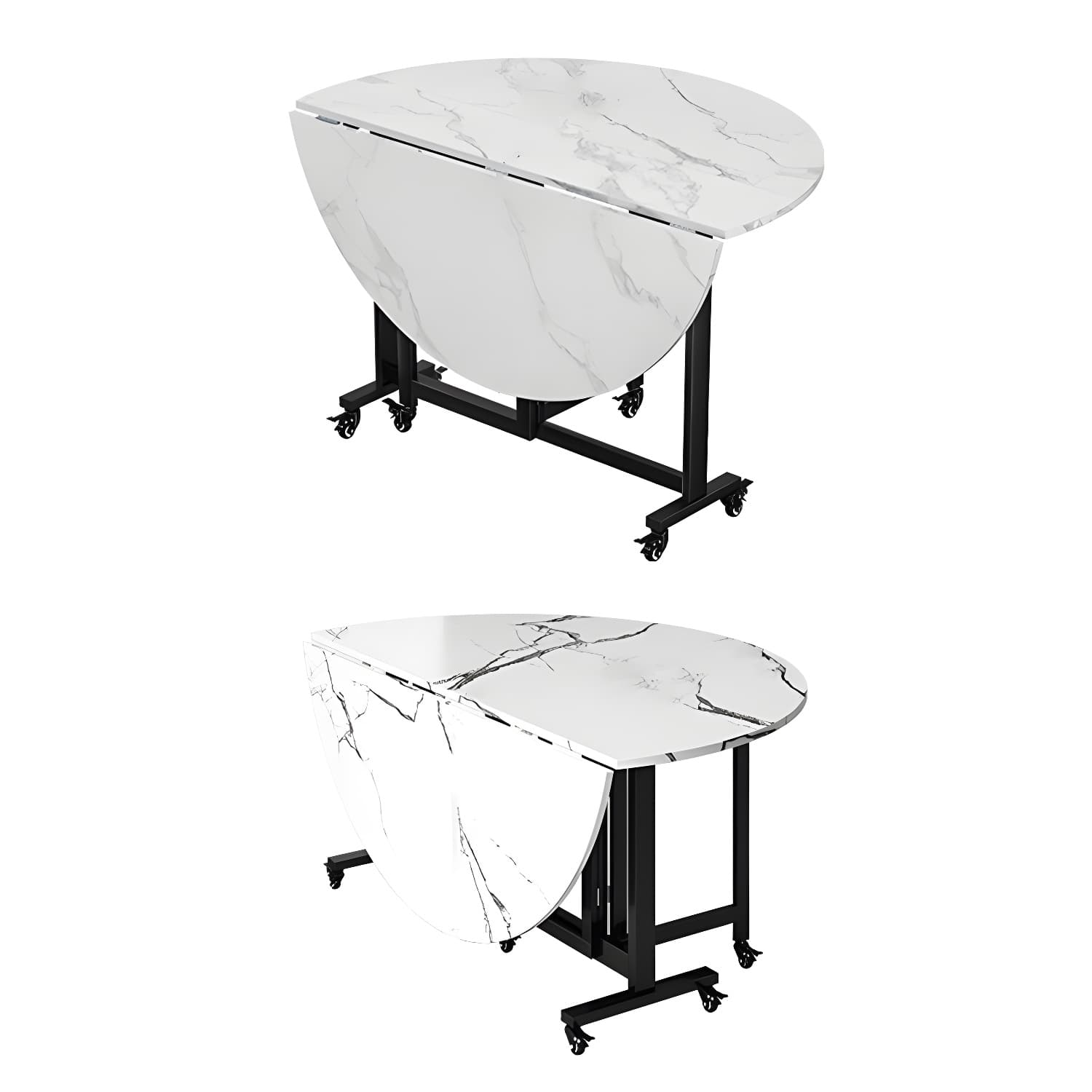 Modern Round Wood Dining Set with Collapsible Table and Leaf Extension - Metal Trestle Base in Black - image 7