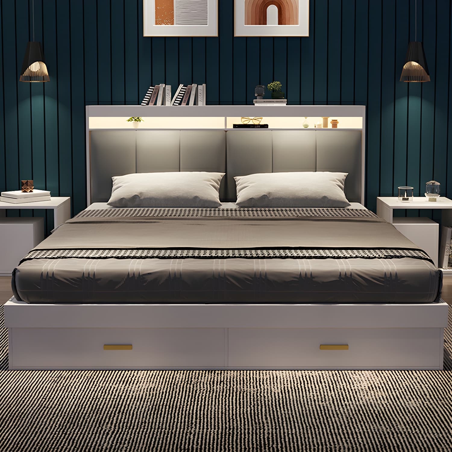 Modern Upholstered Headboard Bed with Storage and Patchwork Design - image 11