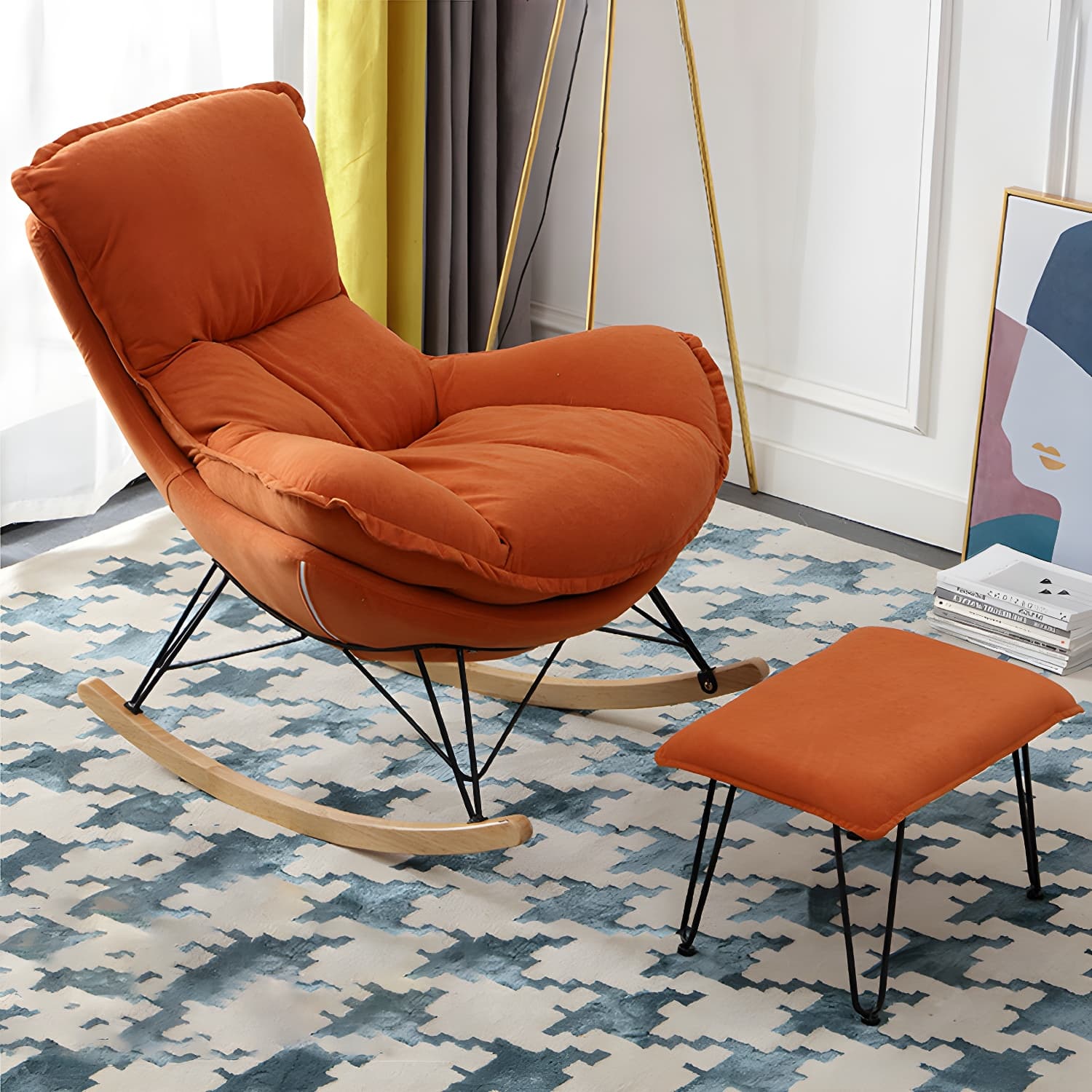 Modern Upholstered Rocking Chair and Ottoman Set - Natural Wood Legs, Stylish Design for Home Decor - image 11