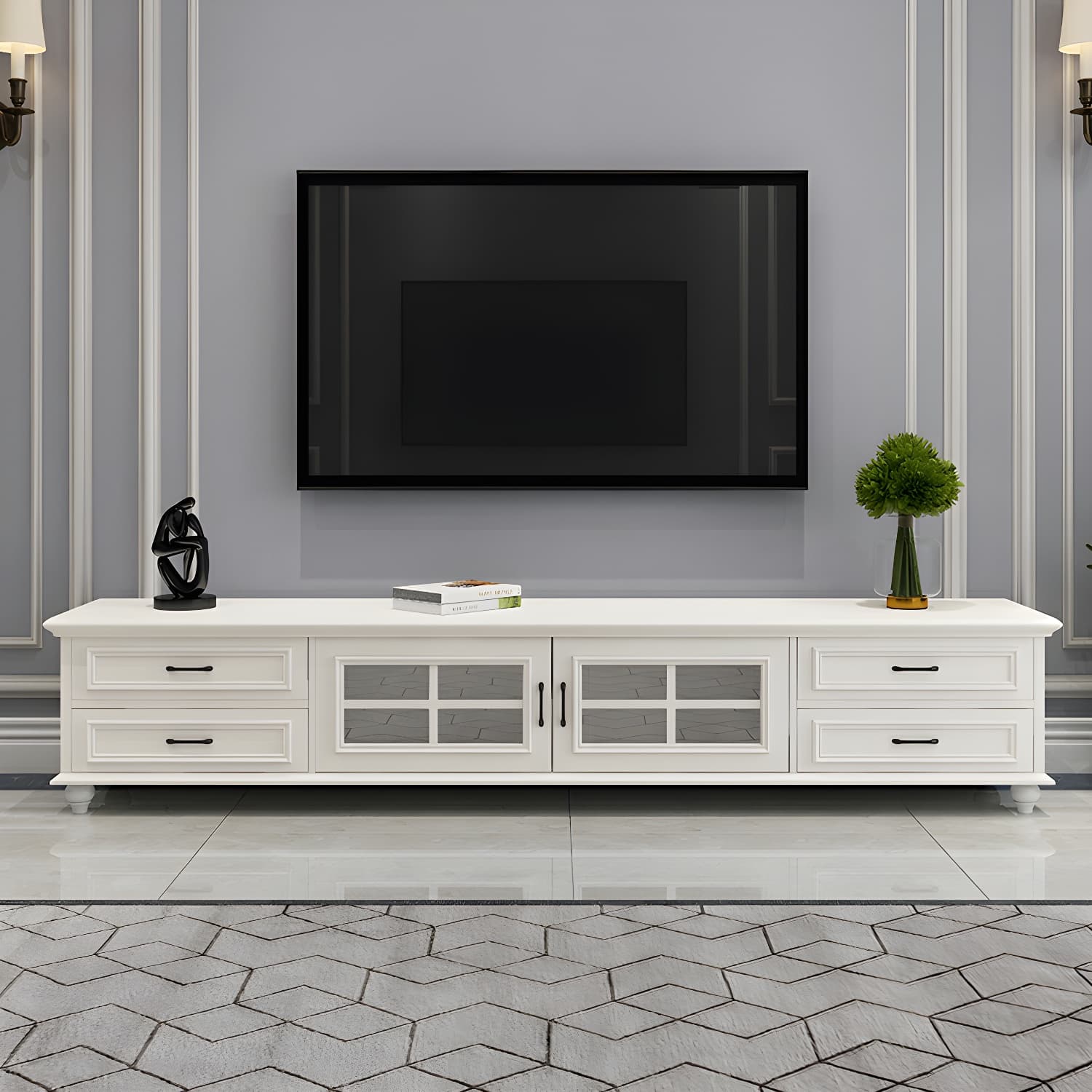 Modern Wood TV Stand with Drawers, Shelves, and Legs - Low Height - Cable Management - image 3