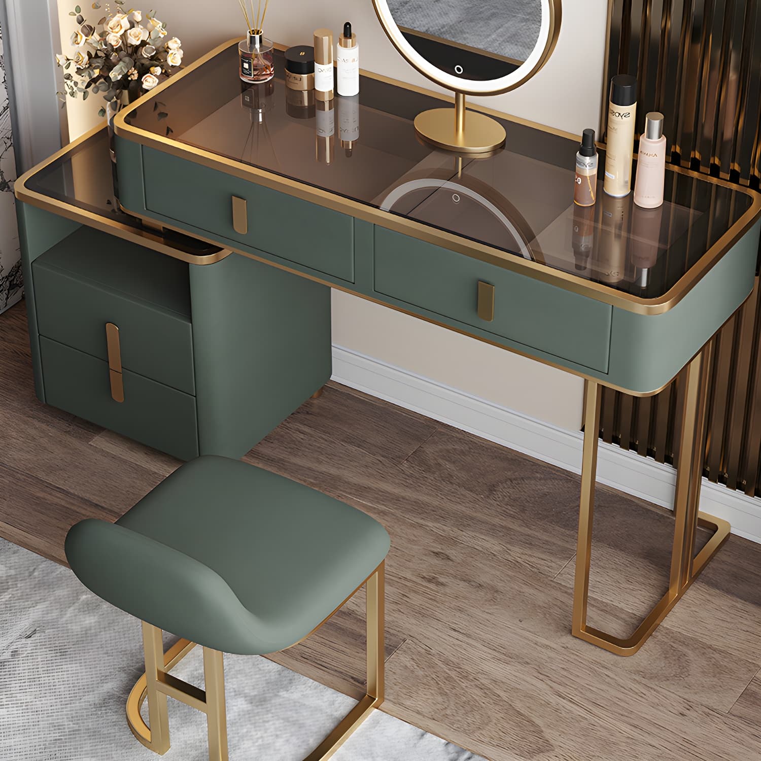 Glass Top Dressing Table Solid Wood Green Make-up Vanity with Drawers