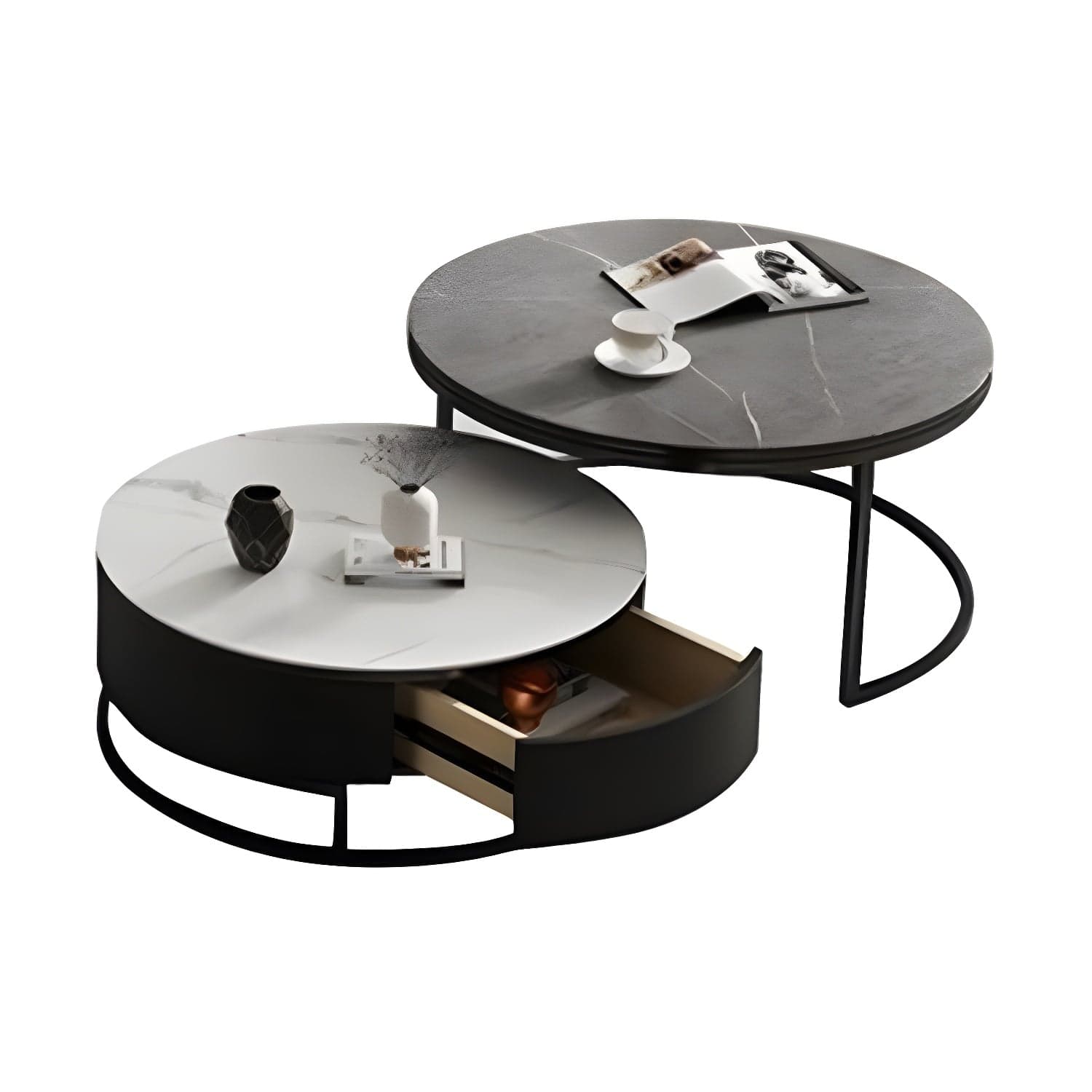Set of 2 Round Stone Top Modern Nesting Tables with Black Metal Frames and Drawers Included - image 3