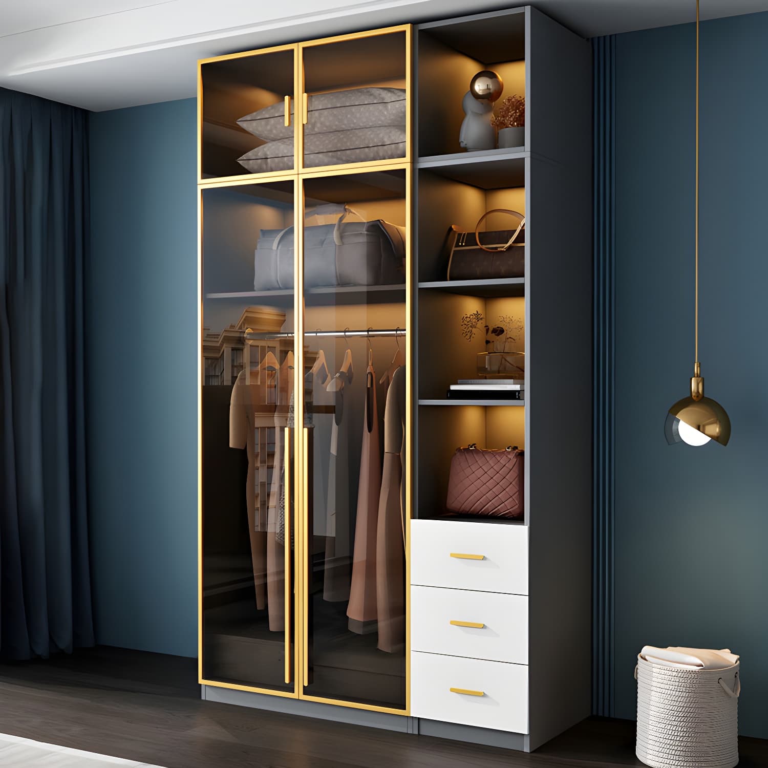 Contemporary Color Block Glass Doors Combination Armoire with Shelves Storage - image 4