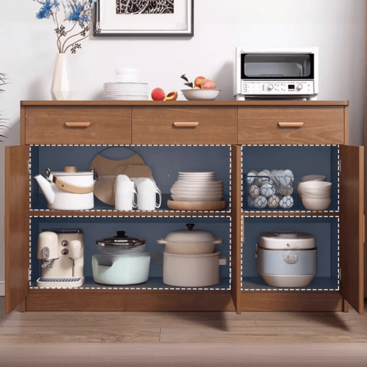 Modish Sideboard/Microwave Shelf Cabinet with Multiple Drawers, Narrow Size, 1 to 3 Shelves, Larder Storage, Timber Countertop, and Various Doors - image 9