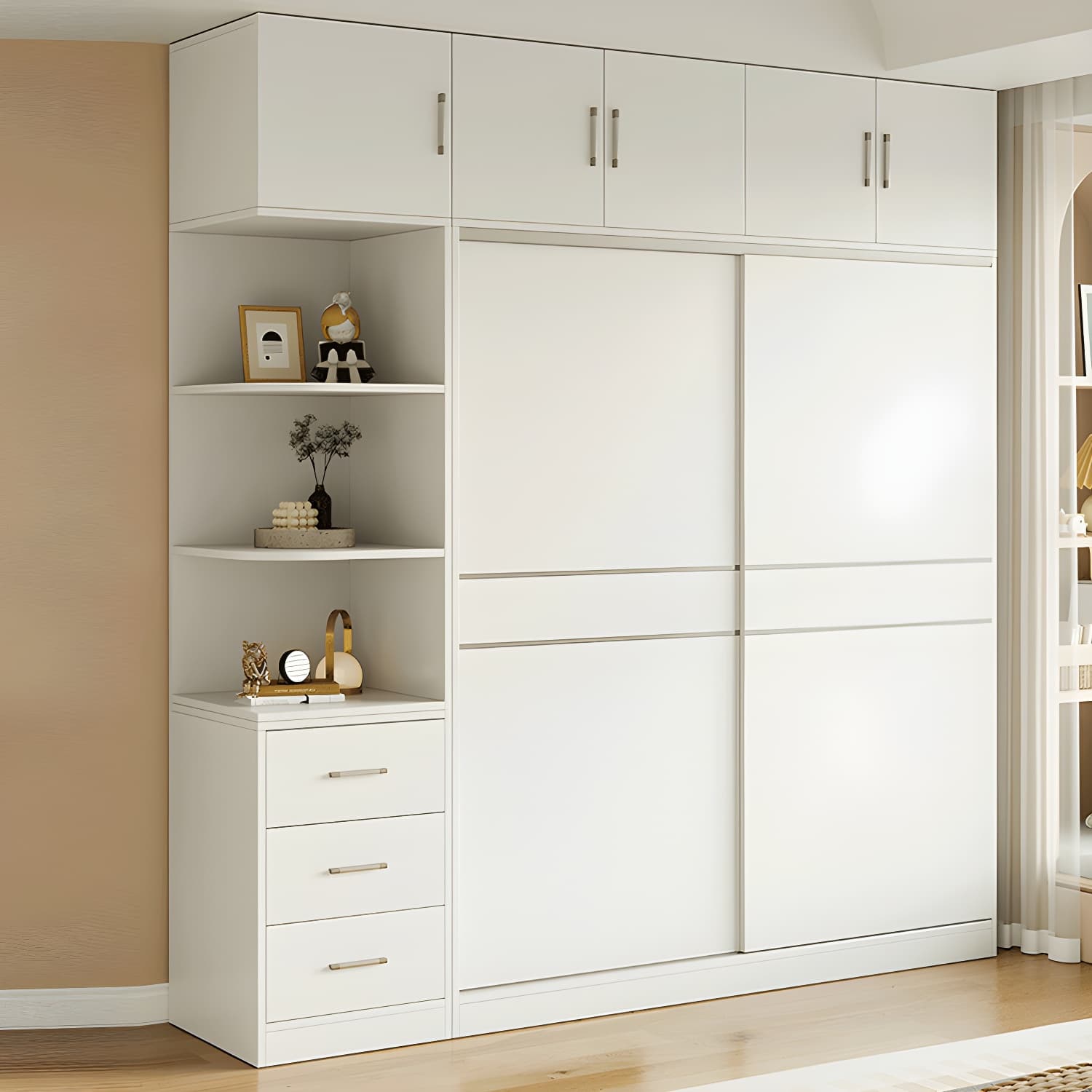 Modern White Wood Wardrobe Armoire with Sliding Doors, Shelves, and Soft Close Drawers