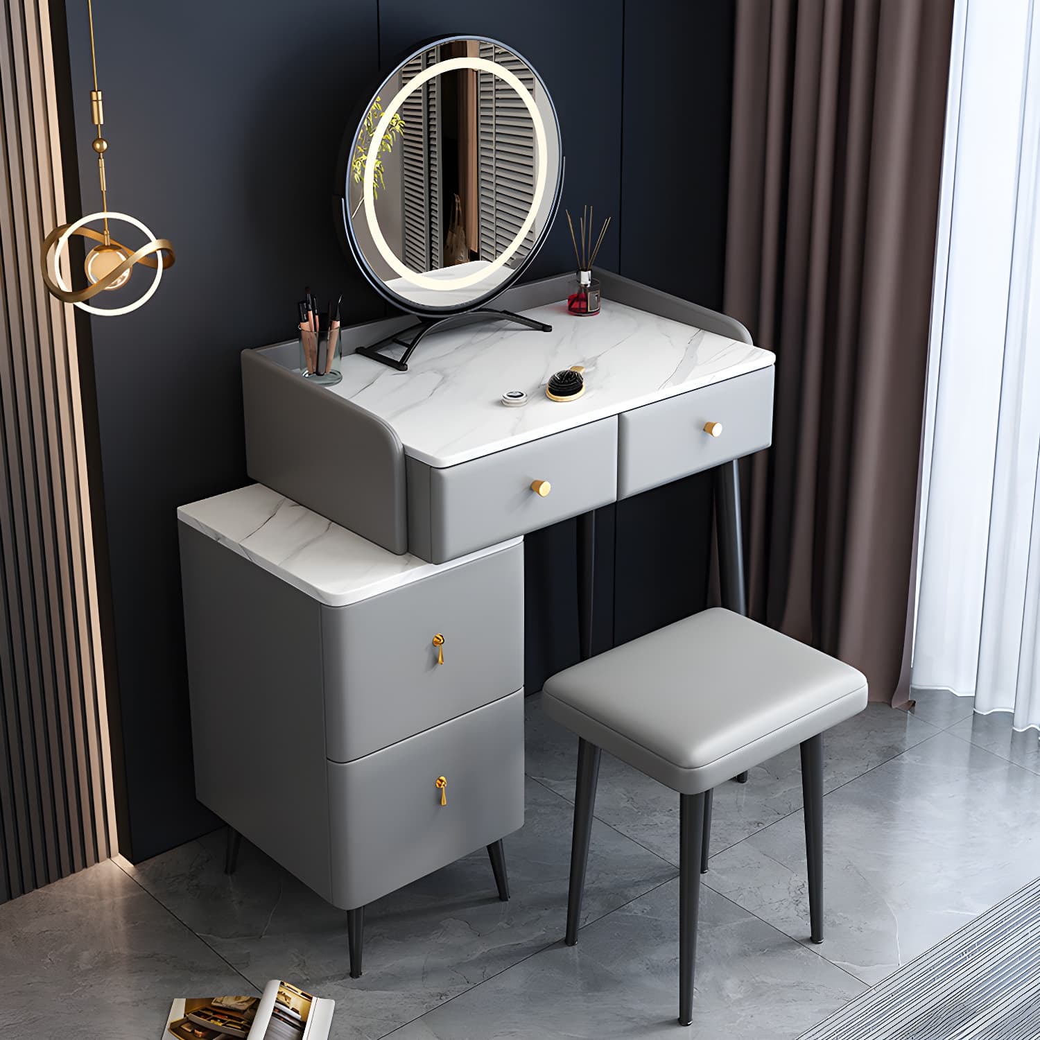 Contemporary Make-up Vanity with Stone Top and Metal Legs for Bedroom - image 6