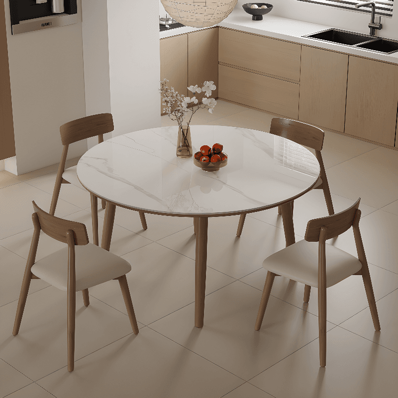 Rounded Slate Stone Dining Table Set with 4 Legs, Padded Chair Back, and White Table Top