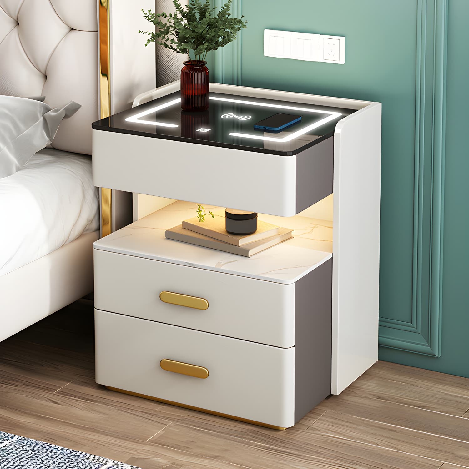 Open Storage Night Table Modern Bed Nightstand with 3 Drawers