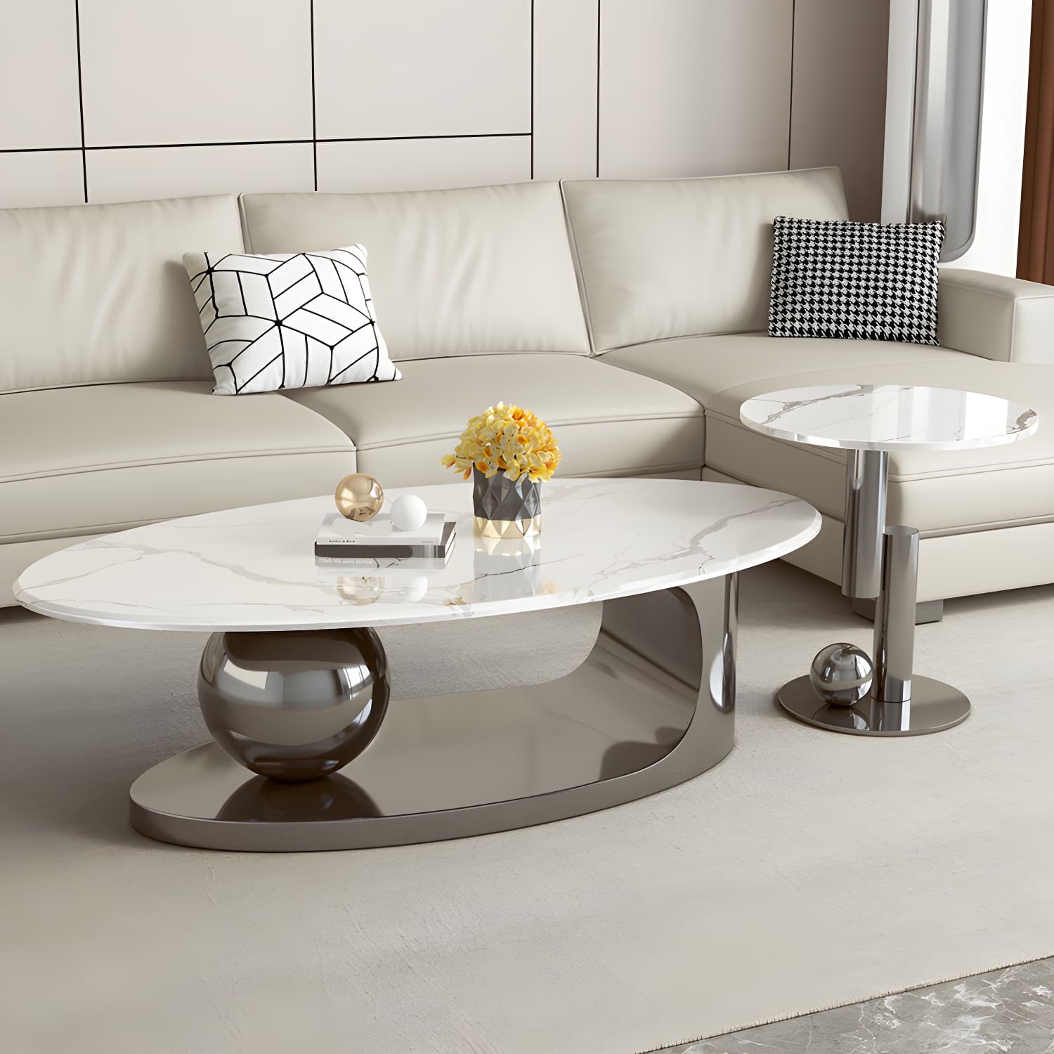 Chic Oval Stone Coffee Table - Modern Elegance with Metal Pedestal Base - image 4