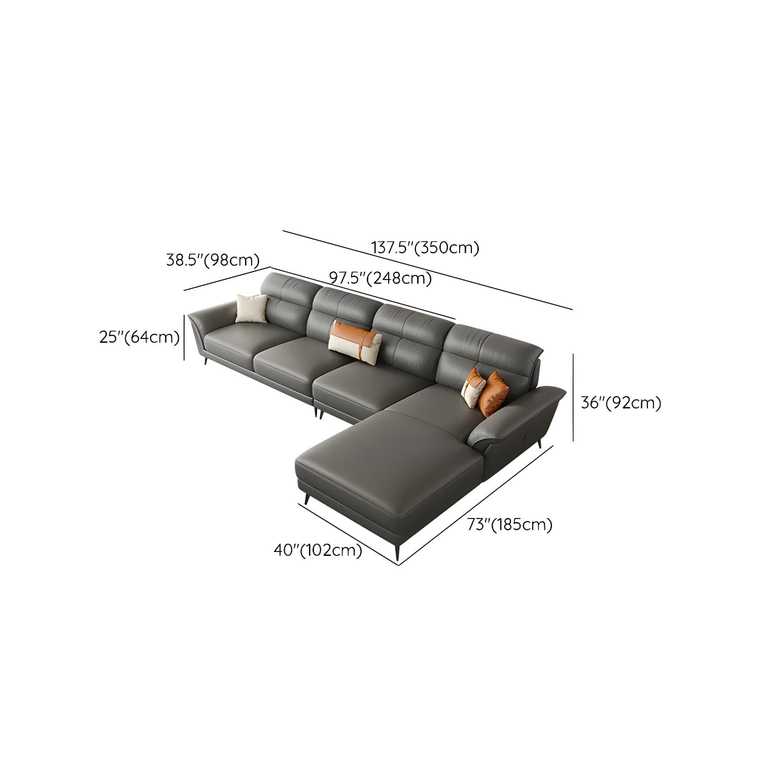 Modern Gray Leather Sectional Sofa with Flared Arms and Storage Not Included - image 8